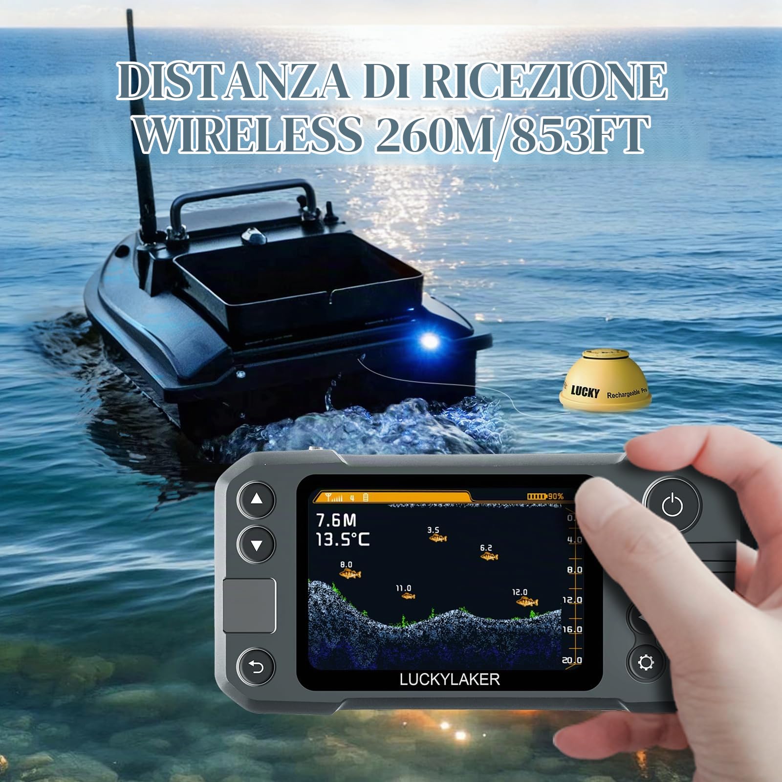 LUCKY Ricercafischi portatile per kayak con trasduttore sonar wireless, ricaricabile a mano per barche e rilevatore di profondità dei pesci per la pesca MT-202