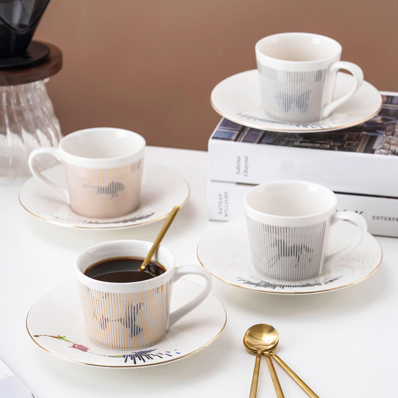 Ceramiczny kubek do kawy z dynamicznym refleksją o pojemności 250 ml, filiżanki do herbaty i spodki, prosty refleksyjny kubek do kawy i spodek, kreatywna sztuka dynamiczna fantom refleksja