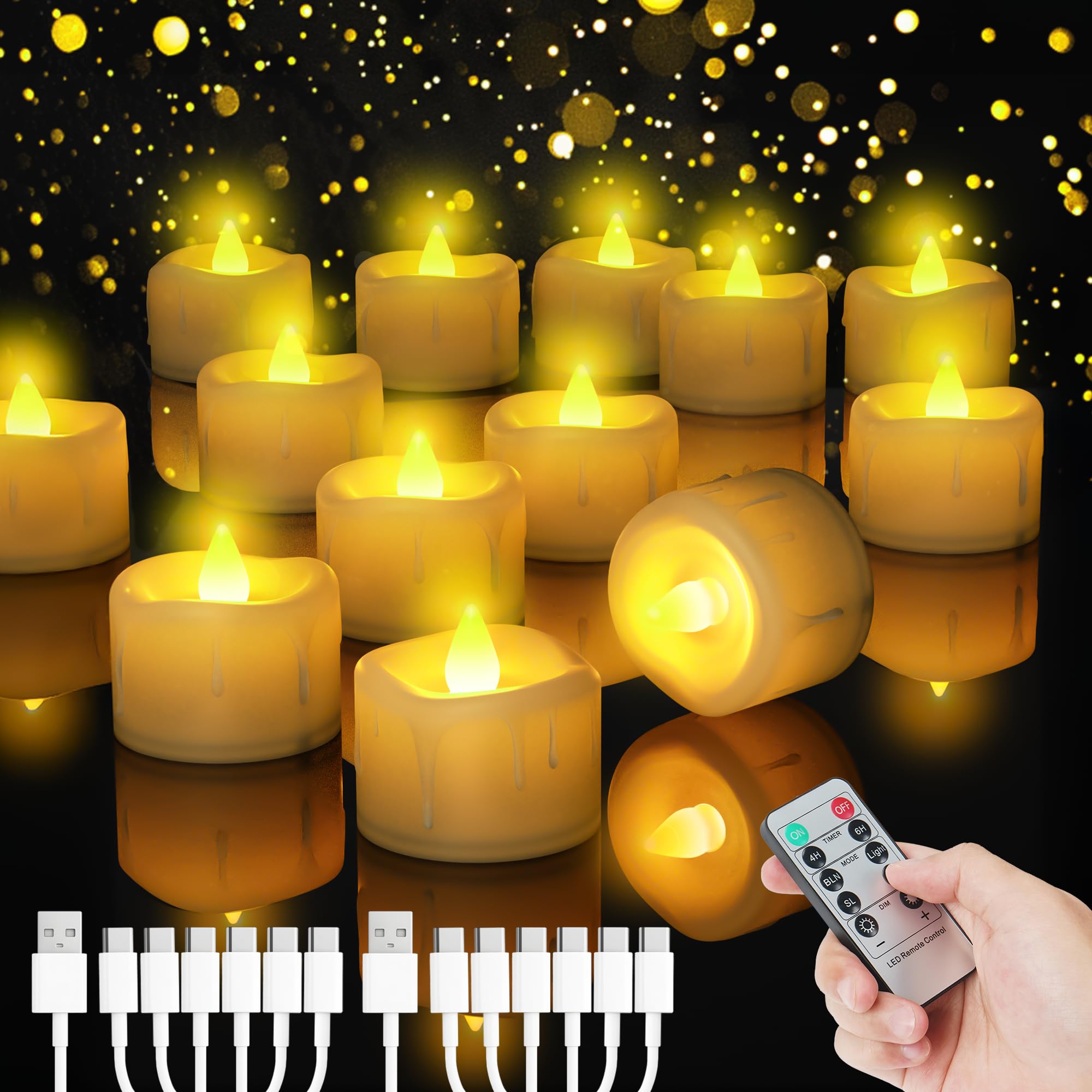 Buudala Rechargeable Battery Candles with Timer, 12 Pack Remote Control Dimmable LED Tea Lights Candle with 6-in-1 Charging Cable for Festival, Home, Wedding, Table Decor