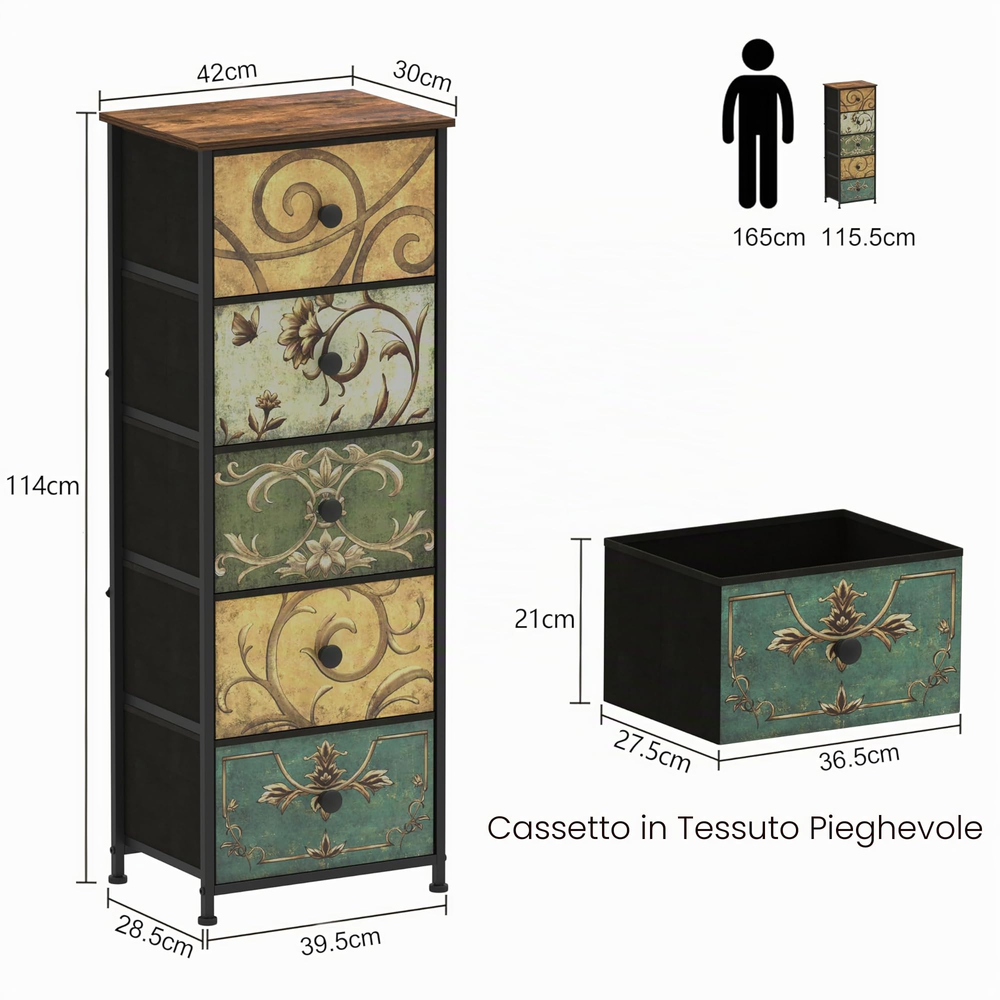 VEDECASA Cassettiera con 5 cassetti in tessuto alto e stretto, armadio da toeletta bohémien, armadio per camera da letto, armadio industriale per soggiorno, camera dei bambini, corridoio