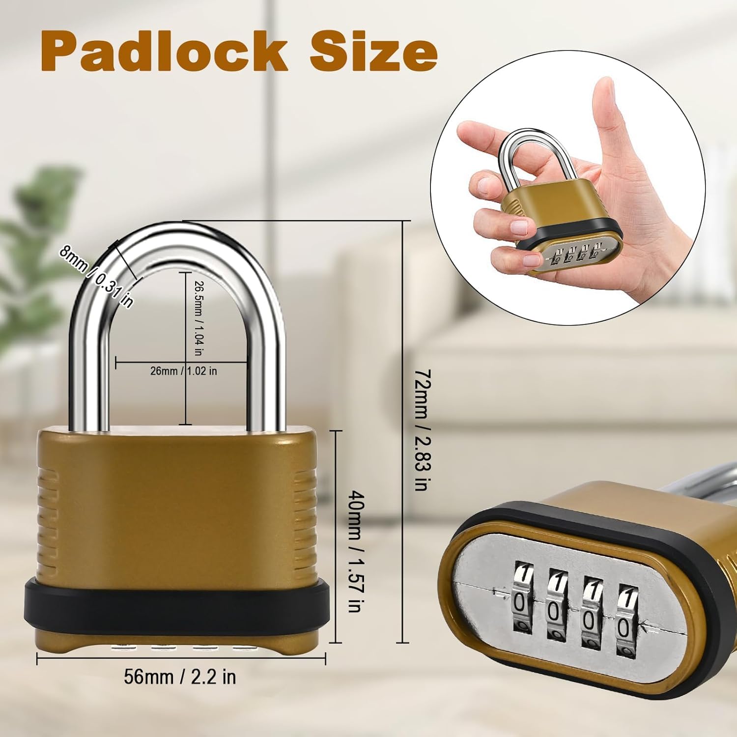 Paquete de 4 candados de combinación de 4 dígitos, candado combinado resistente al agua de 26.5 mm para exteriores, casillero, cobertizos, gimnasio, cerrojos de puerta, dorado (4 unidades, grillete