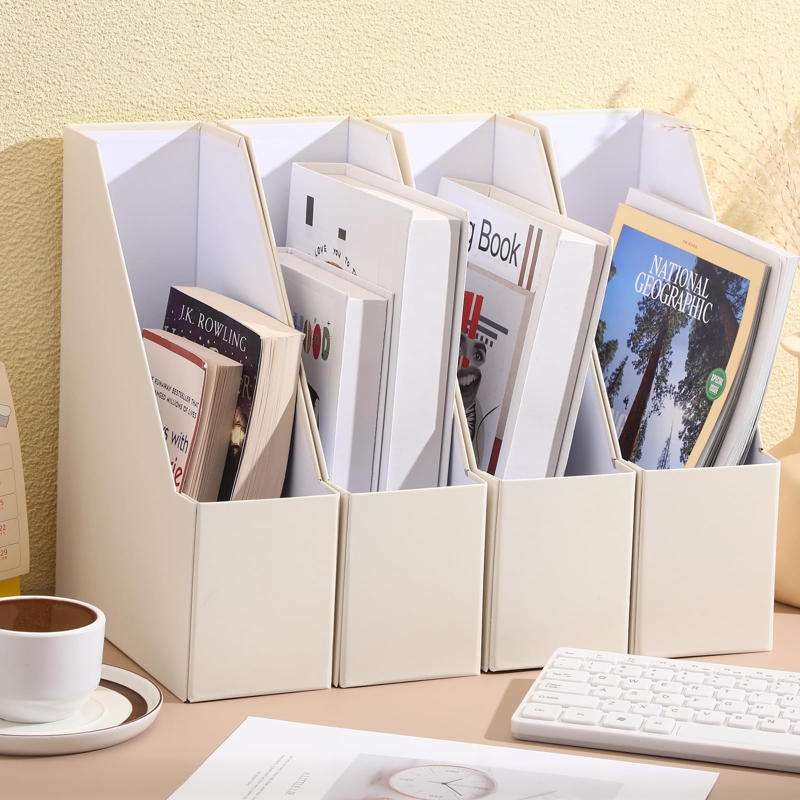 Feifeiya BOY7116 Zeitschriftensammler aus stabilem Karton, schöner Schreibtisch-Organizer und Aufbewahrungsbox für Dokumente, Zeitschriftenhalter, Regal für Regal, Zuhause, Büro, Klassenzimmer (Beige)