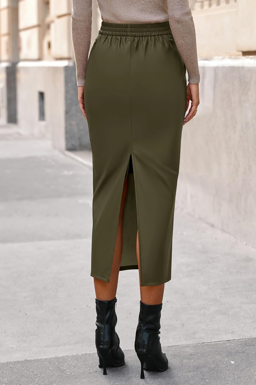 BTFBM Skirts for Women Trendy Spring 2026 Elastic Waist Ruched Bodycon Slit Pencil Midi Leather Skirt Bussiness Casual - Image 3