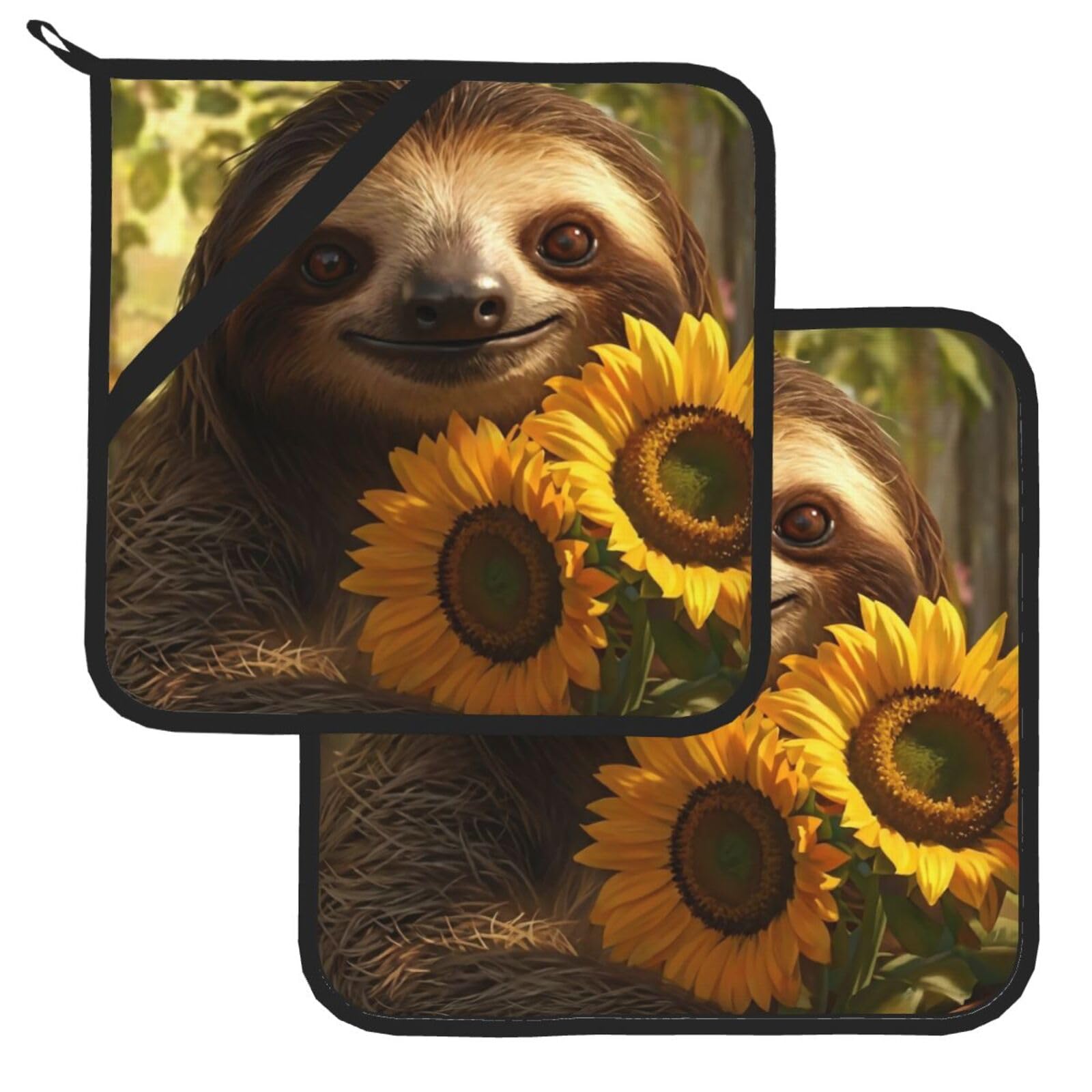 Pot Holder Set of 2 Heat Resistant Potholders Sloth Who Loves Sunflowers Pot Holders Non Slip Kitchen Trivets Cooking Hot Potholder Washable Oven Mitts Oven Hot Pads for Kitchen Baking BBQ