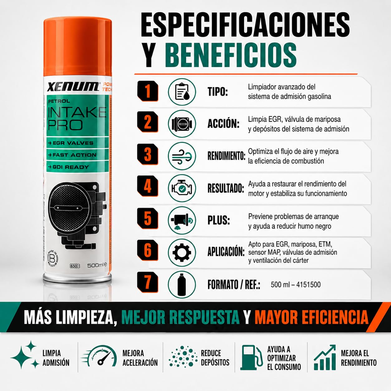 Xenum Intake Pro Petrol 500 ml – Limpiador Sistema de Admisión Gasolina, Limpia EGR, Válvula de Mariposa y Conductos, Acción Rápida, Sin Desmontaje Completo