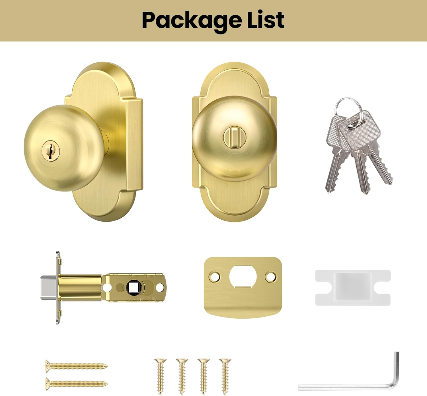 Keyed Entry Door Knob, Entry Door Knob with Lock and Key, Zinc Alloy Door Lock Set for Bedroom Front/Entrance, Satin Gold, 1Pack
