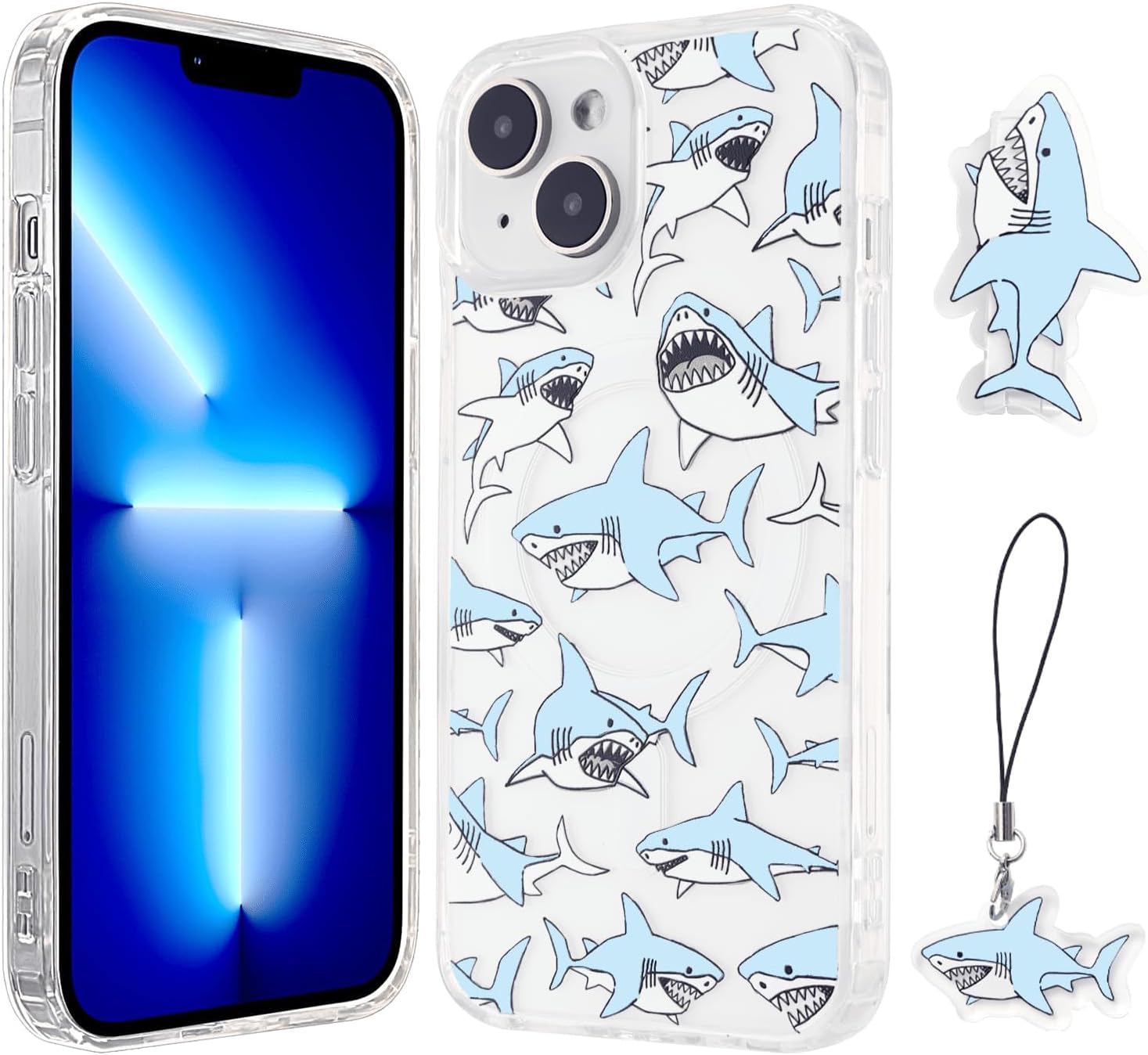 Blue Cool Shark Magnetic Phone Case for iPhone 15 Pro Max with A Phone Charm and Phone Stand,Compatible with MagSafe Accessories,Clear Slim Thin Shockproof Protective Phone Case Cover