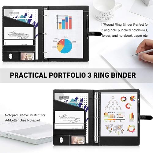 Miniatura 4 de Toplive Padfolio - Carpeta de 3 anillos (anillo redondo de 1 pulgada) para entrevistas, conferencias y presentaciones, color negro