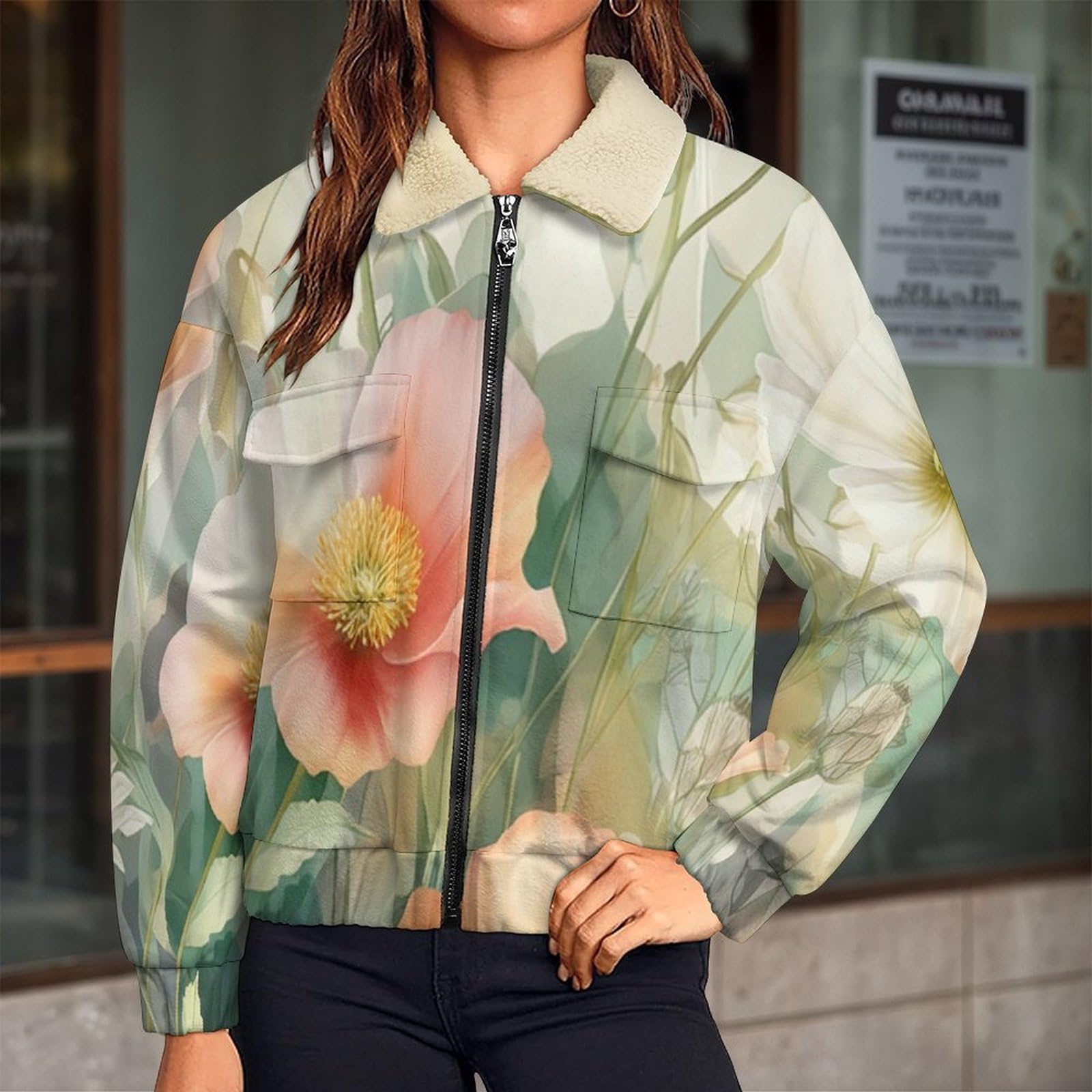 Giacca in Pile Caldi da Donna, Fiori natura Moda con Stampa a Papavero Margherita, Invernale, a Maniche Lunghe, con Chiusura Lampo, Spessa, Comoda, con Tasche