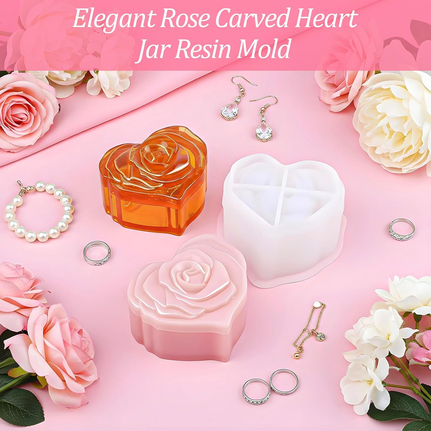 Heart Jar Resin Mold with Rose Lid Heart Box Resin Molds Rose Flower Jar Molds for Epoxy Resins Concrete Planter Mold DIY Jewelry Storage Box Candy Container