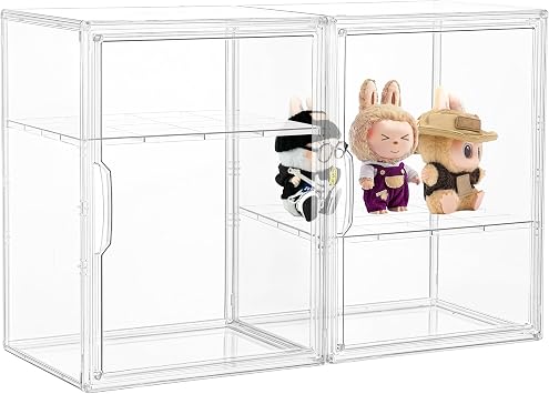 Acrylic Display Case, 2 Tier Clear Plastic Stackable Storage Bins with Magnetic Lids, Figure Display Case for Collectibles Cosmetic Acrylic Box, 2 Pack LL