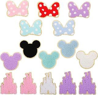 15 PCS Colorful Bowknot Mouse Chenille Iron on Patches, UHOMENY Cute Castle Bow Mouse Embroidered Patches Set Sew on Embroidered Applique Gold Trim Butterfly Patches Iron on Patches for Clothing DIY