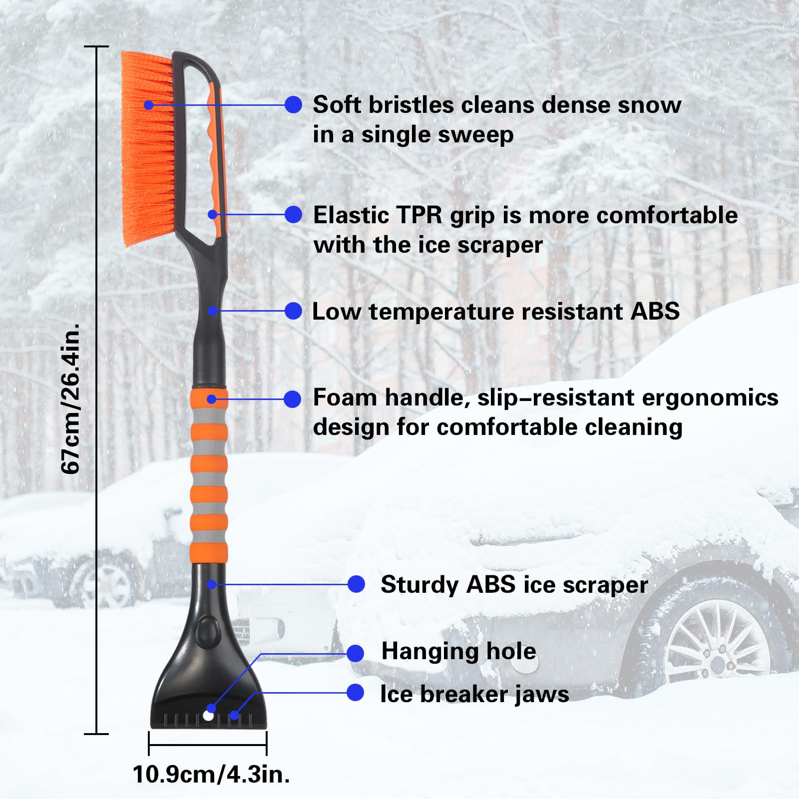 Spazzola da Neve e Raschietto per Ghiaccio per Parabrezza Auto, 67,1 cm, per Auto, SUV e Camion, raschietti per Ghiaccio e spazzole 2 in 1, Accessori Esterni per Auto Invernali (1 Confezione