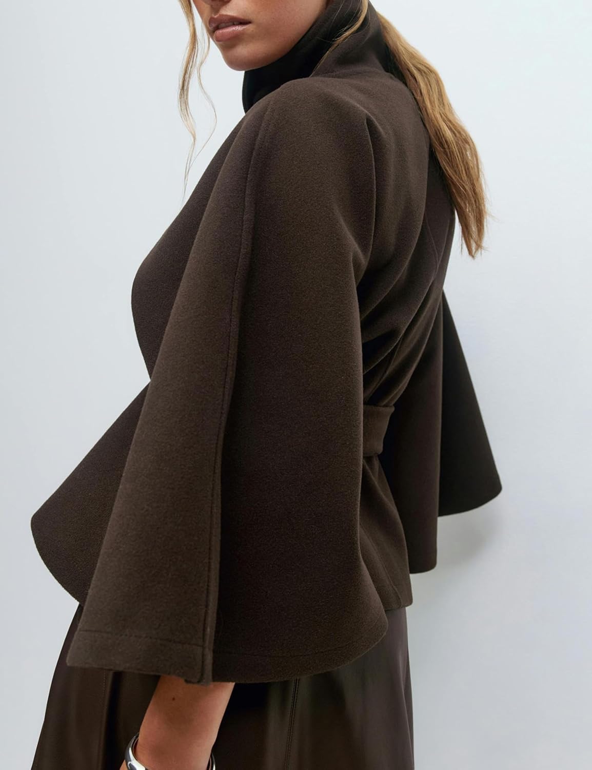 Hooever Women Batwing Sleeve Ponchos Pea Coat Wool Bland Stand Collar Jacket Winter Cropped Overcoat - Image 2