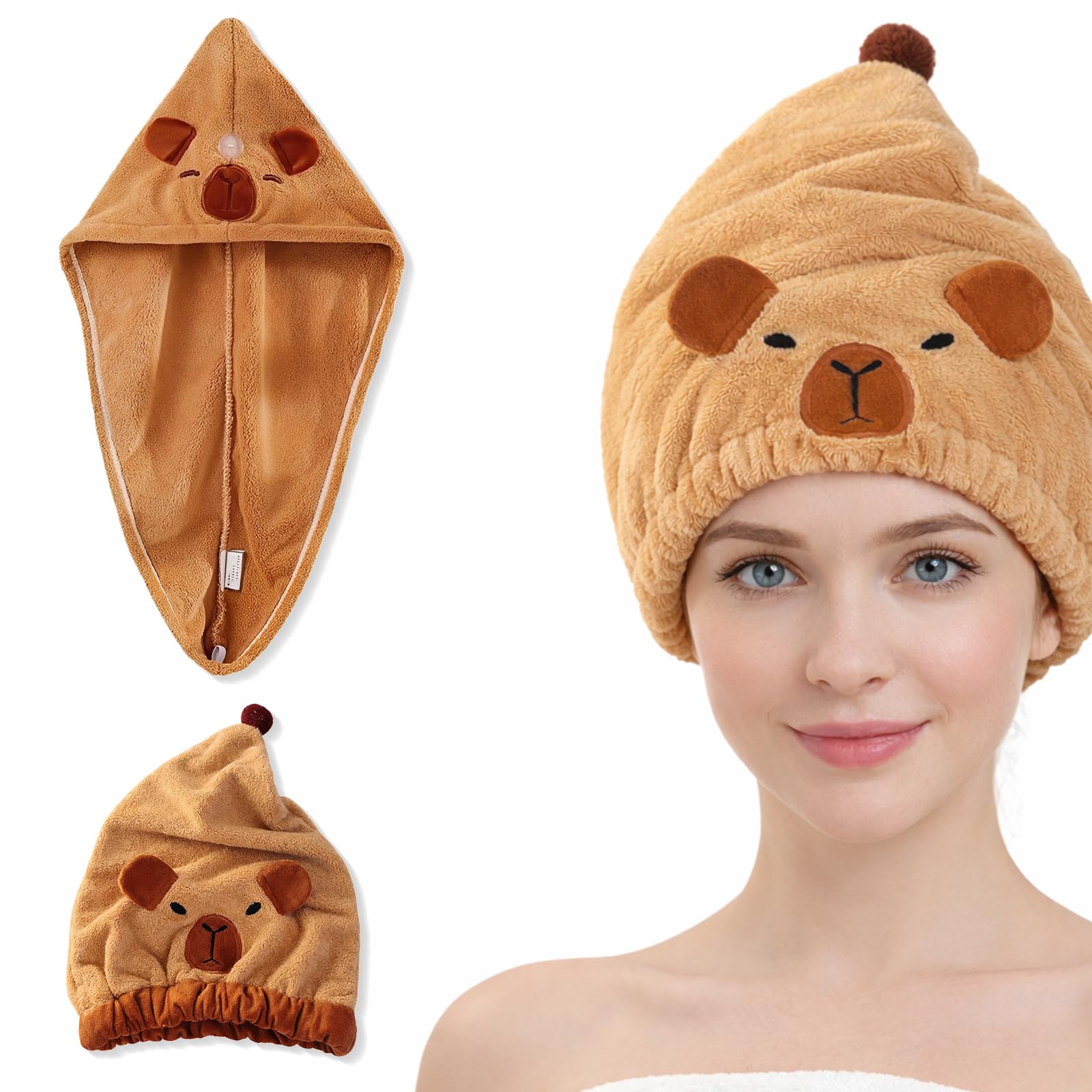 2 Pcs turbante asciugacapelli, Capybara Asciugamano in Microfibra per Capelli Asciugatura Rapida Turbante Super Assorbente con Bottone per Donne Capelli Lunghi