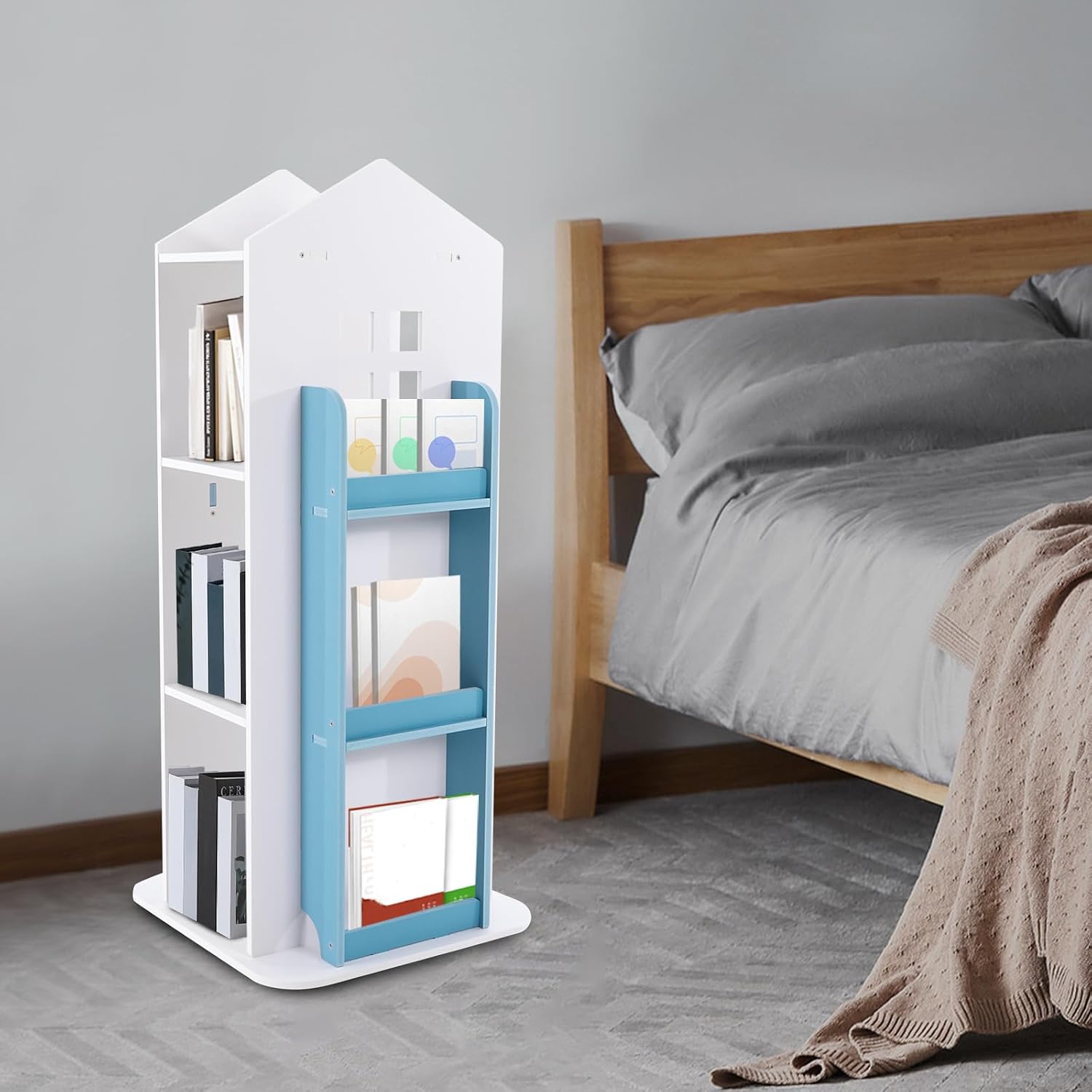 Kids Bookshelf 360° Castle Rotating Bookshelf Toy Storage Organizer Rack Revolving Corner Bookshelf for Kids Toddler Children Home Office Furniture Bookcase, Blue