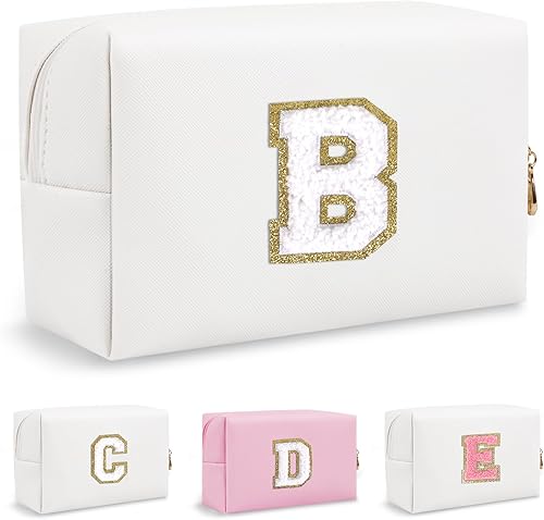 Biileen Bolsa de maquillaje preppy inicial personalizada Pequeña bolsa de carta de chenilla de viaje linda, Blanco-2