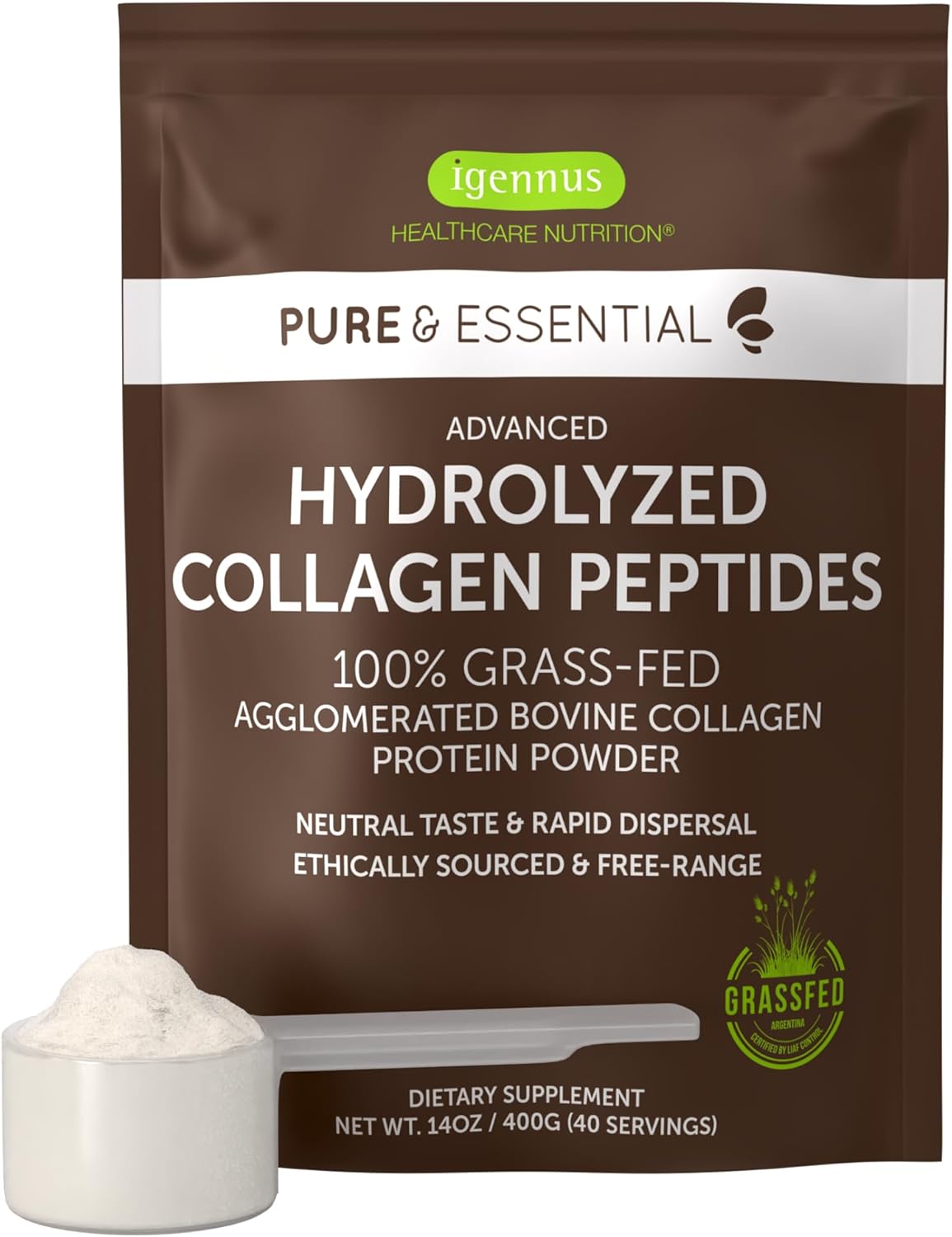 Igennus Highest Grade Hydrolyzed Collagen Peptides, Clean Label, 100% Grass Fed Bovine Collagen Protein Powder, for Collagen Types 1, 2 & 3 for Women & Men, Non-GMO, Free Range, 40 Servings Igennus Highest Grade Hydrolyzed Collagen Peptides, Clean Label, 100% Grass Fed Bovine Collagen Protein Powder, for Collagen Types 1, 2 & 3 for Women & Men, Non-GMO, Free Range, 40 Servings