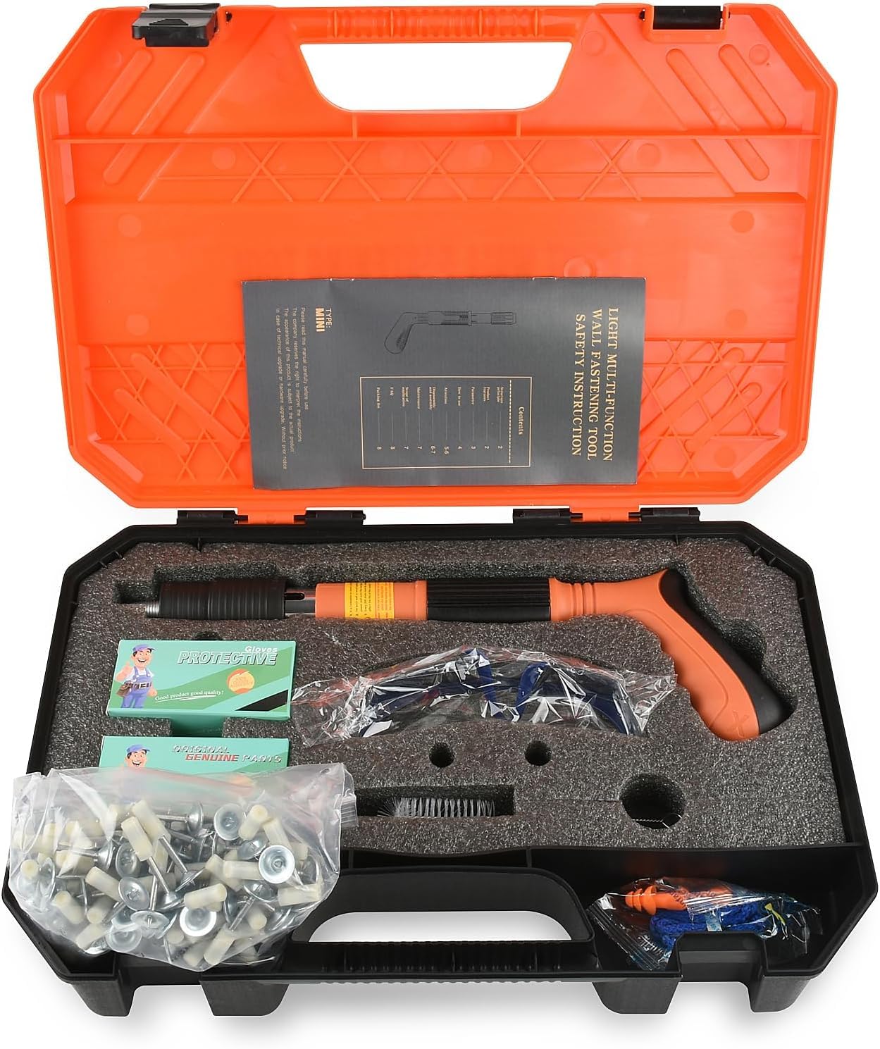 Pistola Sparachiodi con 110 chiodi rotondi, Pistola Manuale Sparachiodi, kit Pistola Sparachiodi per Calcestruzzo, Strumento manuale per Unghie in acciaio Regolabile a 5 velocità(arancio)