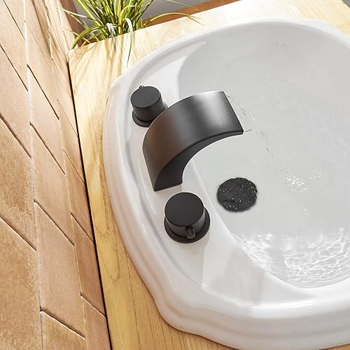 Miniatura 8 de BWE Grifo de baño con cascada LED, de 8 pulgadas, 2 asas, 3 agujeros, color negro mate con desagüe emergente, con desbordamiento y línea de