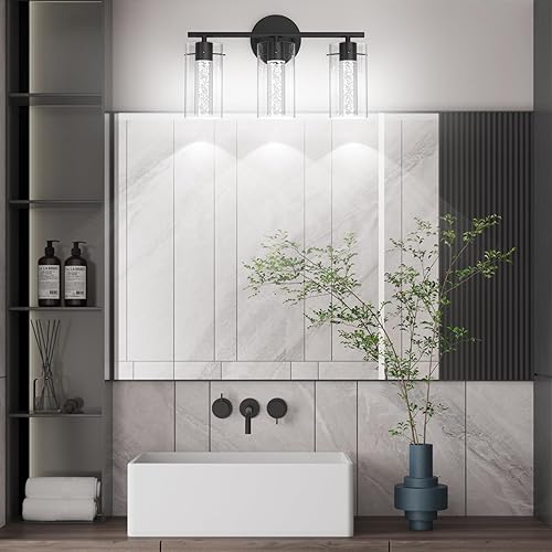 Miniatura 7 de Tipace Lámpara de tocador moderna, lámpara LED negra de 3 luces, accesorios de iluminación de baño de cristal sobre el espejo, accesorios de