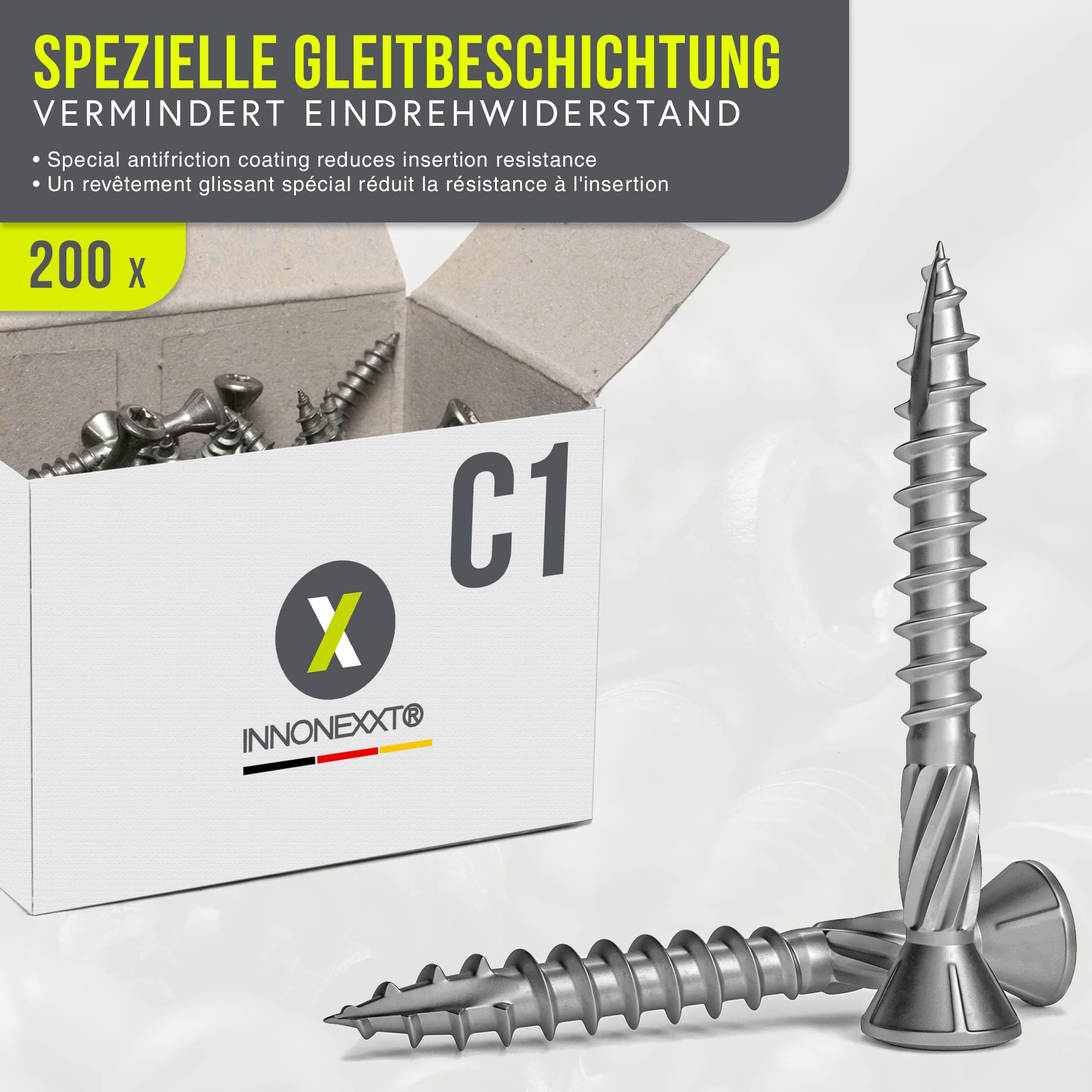Tornillos para terraza Muesca de corte Torx | C1-5,0x40mm - 200 piezas | Tornillos para tarimas de acero inoxidable de primera calidad con recubrimiento deslizante, tornillo tarima madera