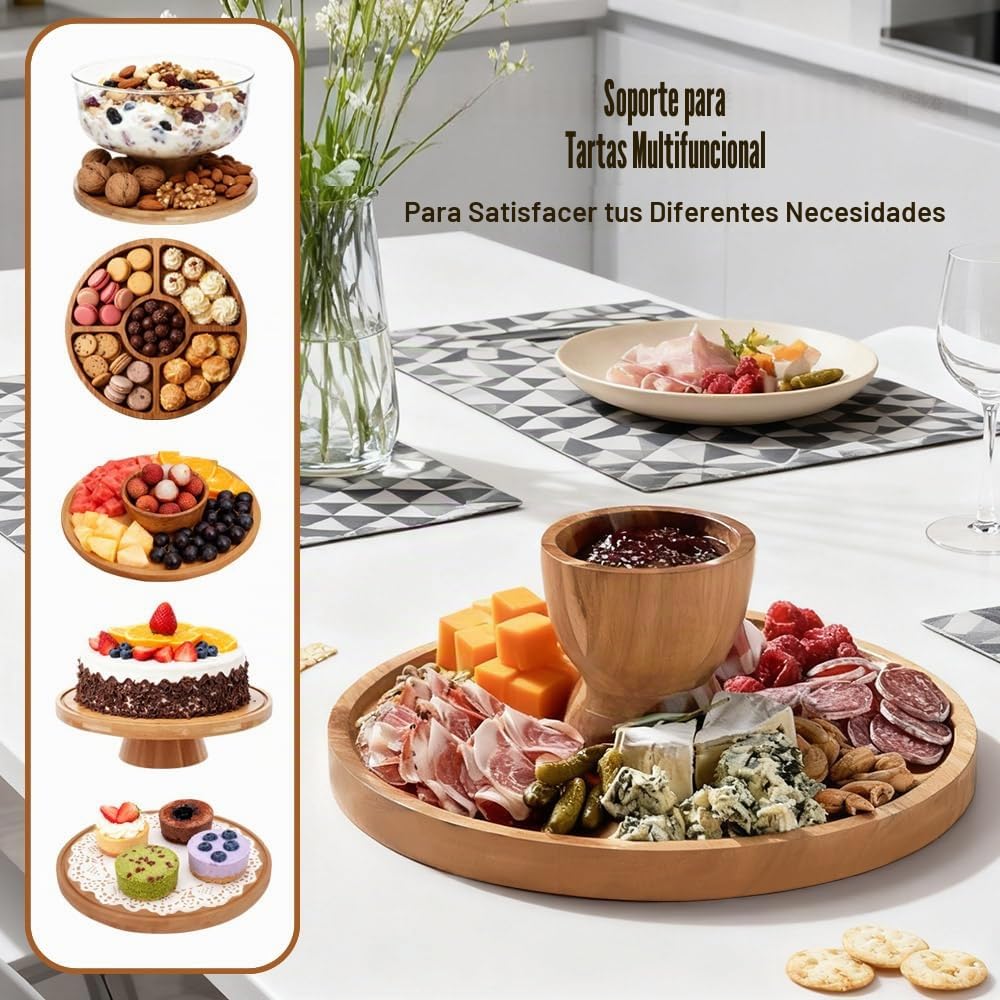 Plato para tartas con tapa, soporte para tartas con pie, placa redonda 4 en 1, campana de madera de 29 cm, plato para tartas, incluye papel de horno y pinzas de cocina, soporte para tartas
