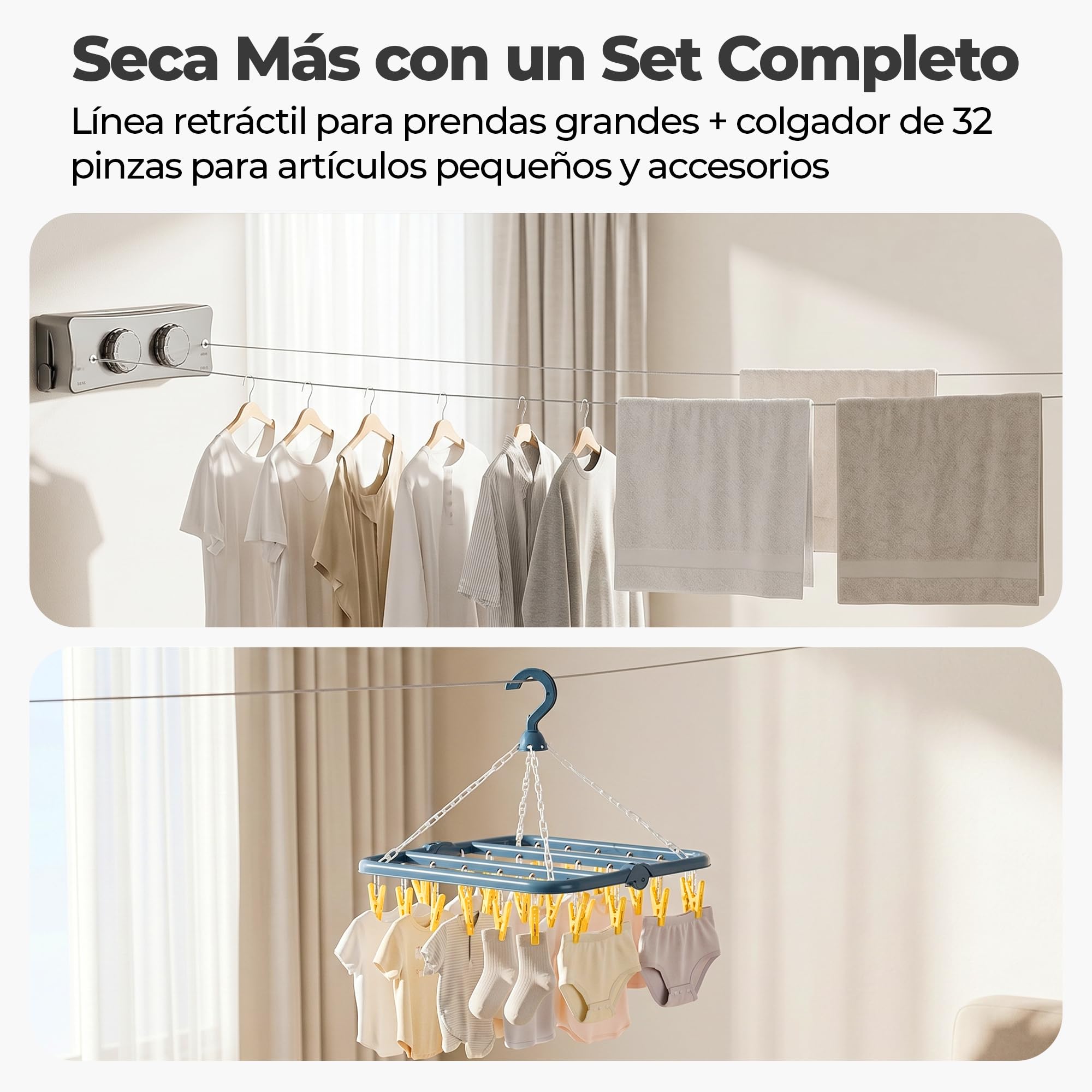 ️ Pack Tendedero Retractil Pared Doble 10.2m Acero Inoxidable + Perchero 32 Pinzas | Tendedero Extensible Pared Interior y Exterior | Intalacion con Tornillos | Color Gris