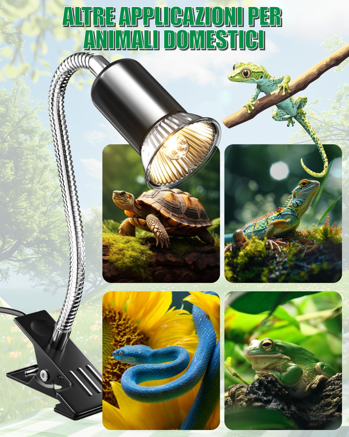 GlowUp Lampada di Calore per Rettili con Timer Ciclico, Luce Calda per Tartarughe con Clip, Lampada per Basking Rotante a 360° per Rettili, Lucertola, Tartaruga, Serpente, Include 2 Lampadine E27