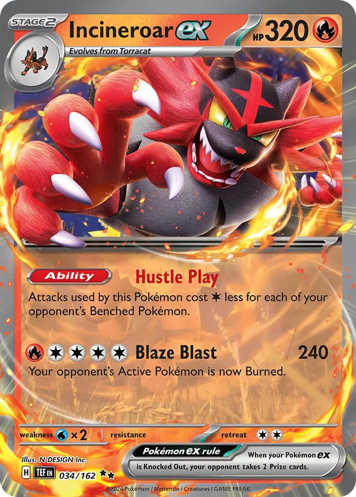 Incineroar ex 034/162 Double Rare Pokemon Card | Temporal Forces Set | Scarlet & Violet Series | Titan Authenticated