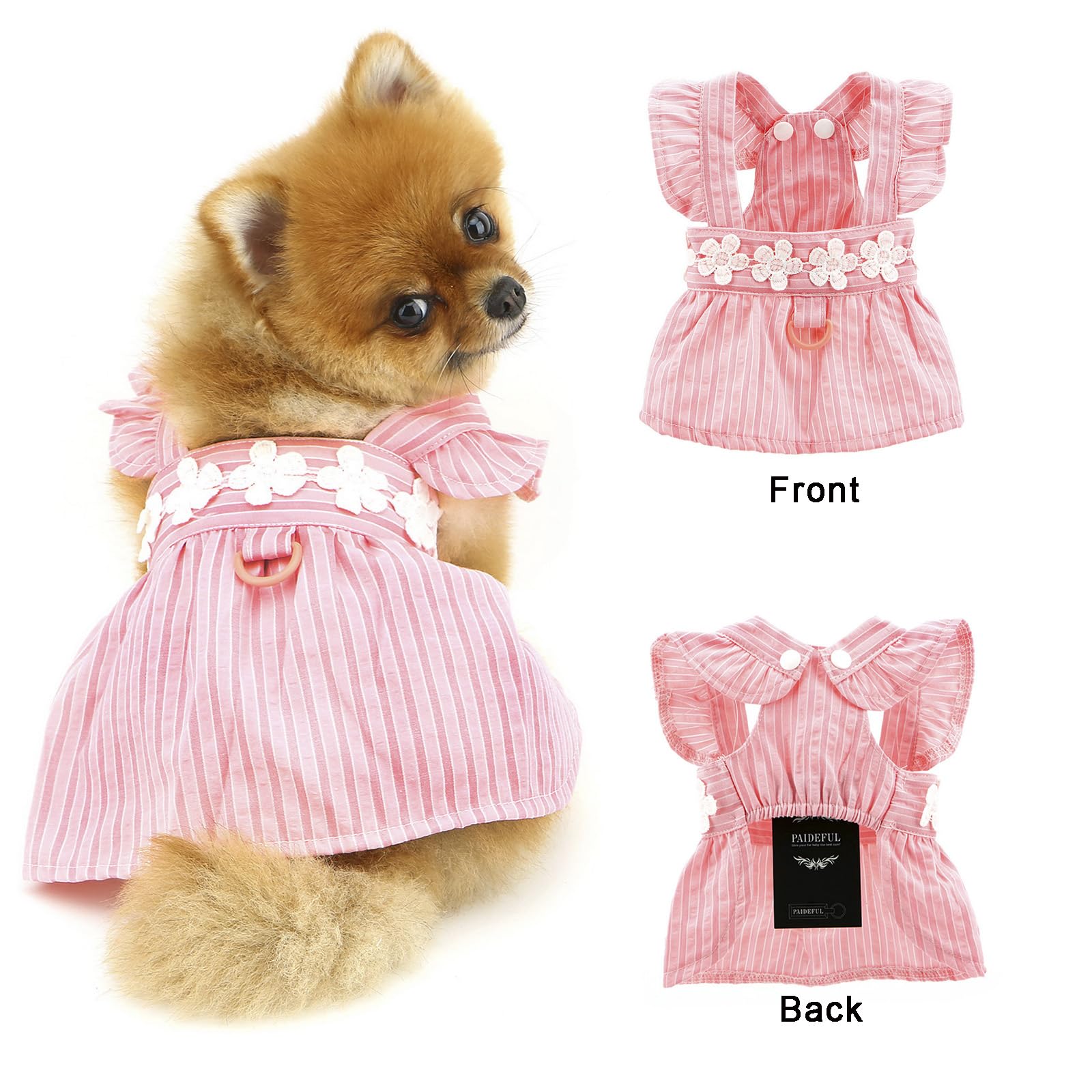 PAIDEFUL Vestito Elegante per Cane Piccolo - Design Estivo a Righe con Ricamo di Fiori, Cinturino, Bottoni - Abbigliamento Fresco da Principessa per Animali Domestici, Costume da Chihuahua