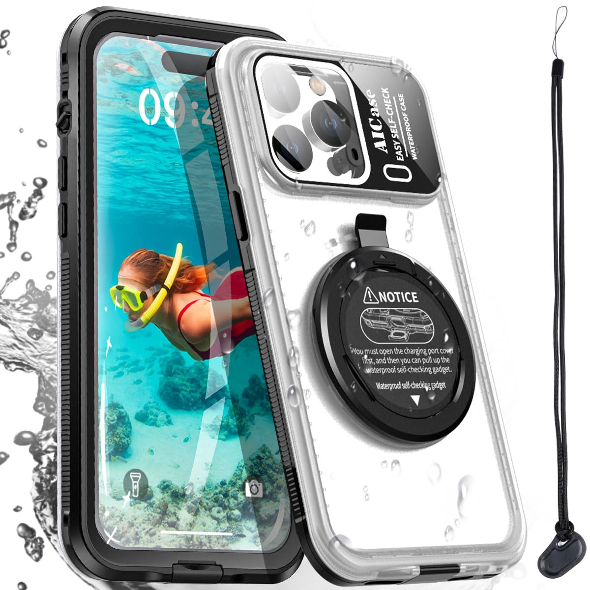 AICase Self-Check Waterproof Phone Case for iPhone 14 Pro, Underwater Touchscreen Diving Phone Case Built-in Screen Protector for Shower, Bike, Beach,