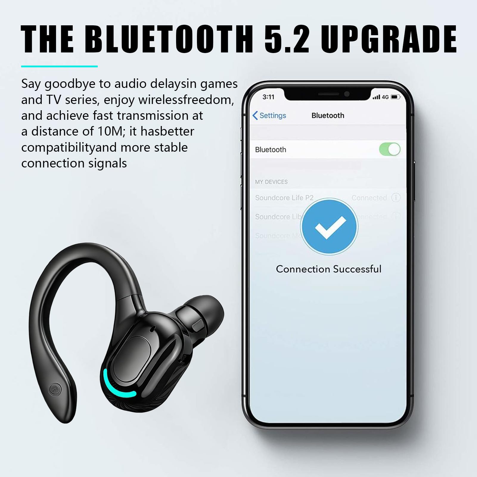 Auricolare mono Bluetooth wireless, durata della batteria di 20 ore, kit vivavoce V5.2 con microfono con cancellazione del rumore per Android, PC, ufficio, sport, auricolare rotante a 360°