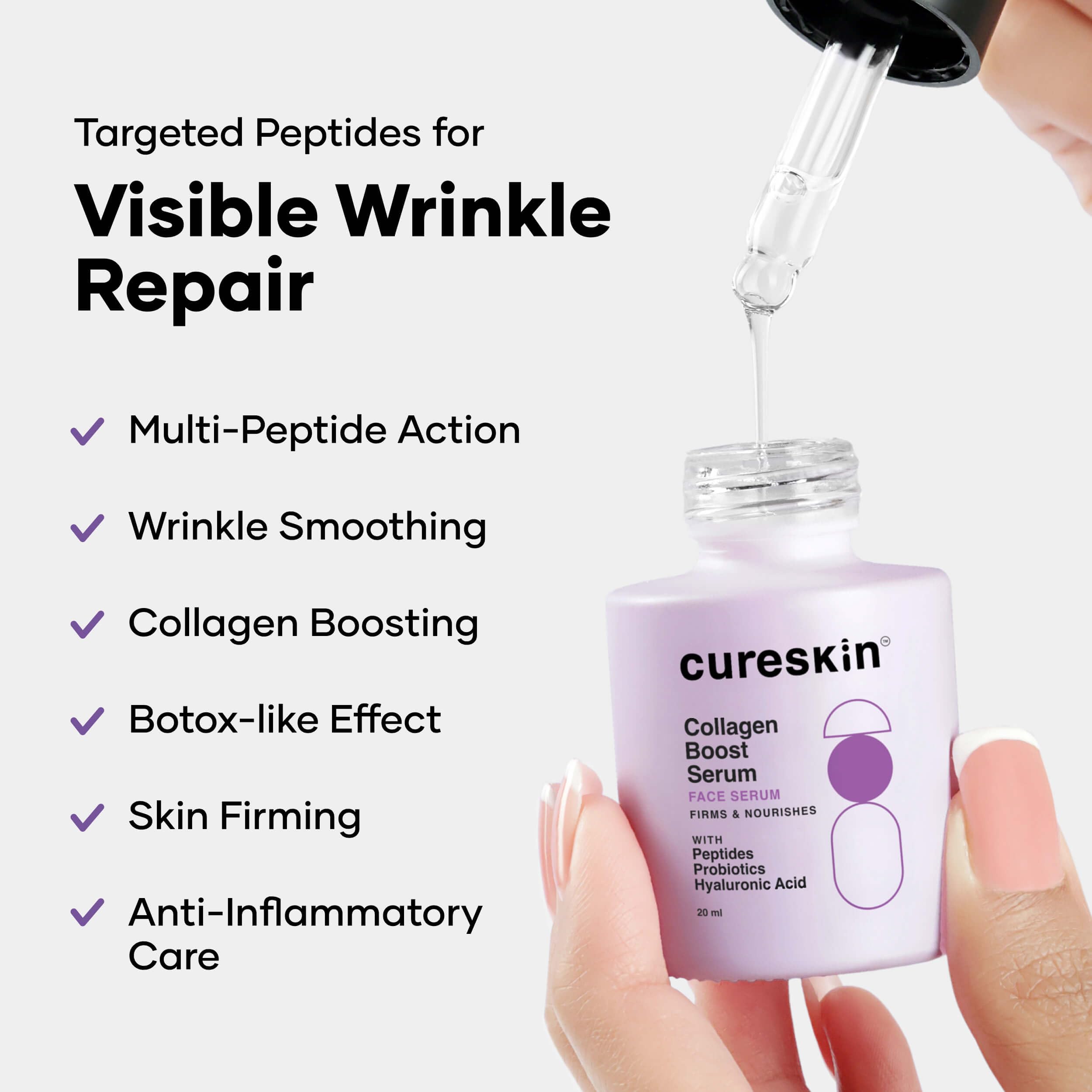 Cureskin Anti-Wrinkle & Anti-Aging Face Serum with Peptides & Hyaluronic Acid, White, 20 ml (Pack of 1) - Image 2