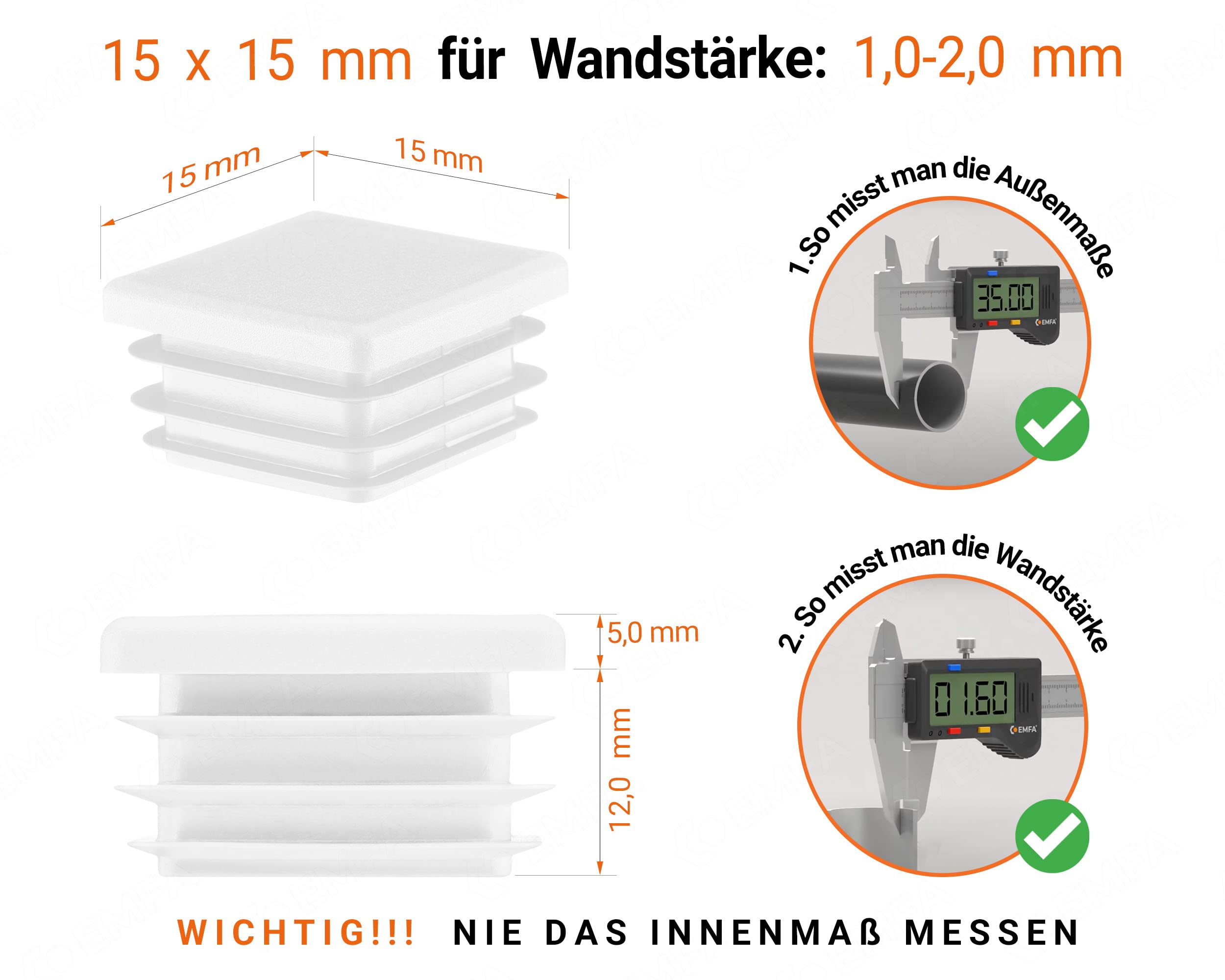 EMFA Tappo Terminale per Tubo Quadrato 15x15 mm Bianco – Tappi in Plastica con Lamelle 1,5x1,5 cm – Copritubo di Chiusura – 50 Pezzi