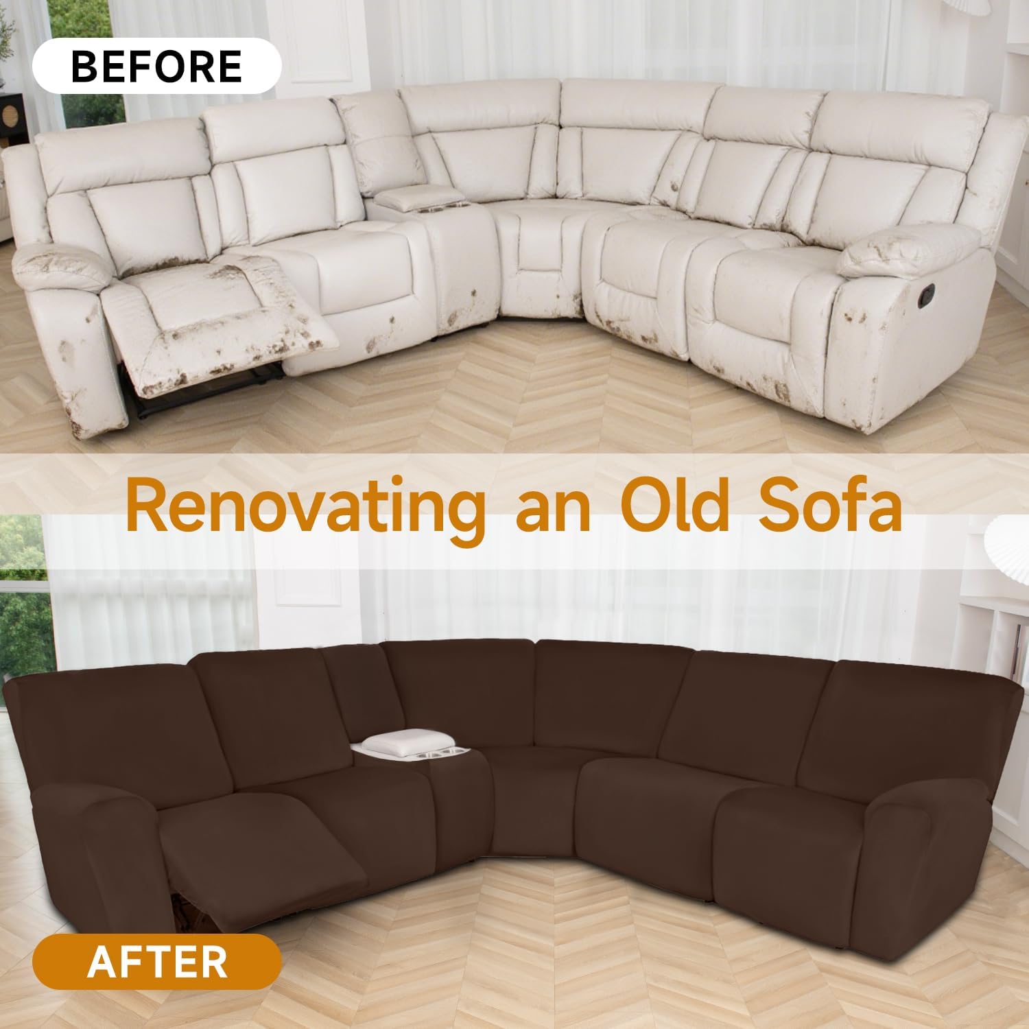 HDCAXKJ Reclining Sectional Couch Covers Velvet L Shaped Sectional Sofa Cover Washable Stretch Soft Corner Recliner Slipcover with Non-Slip Elastic Bottom (XL 5 Seat and 1 Middle Console, Nut Brown)