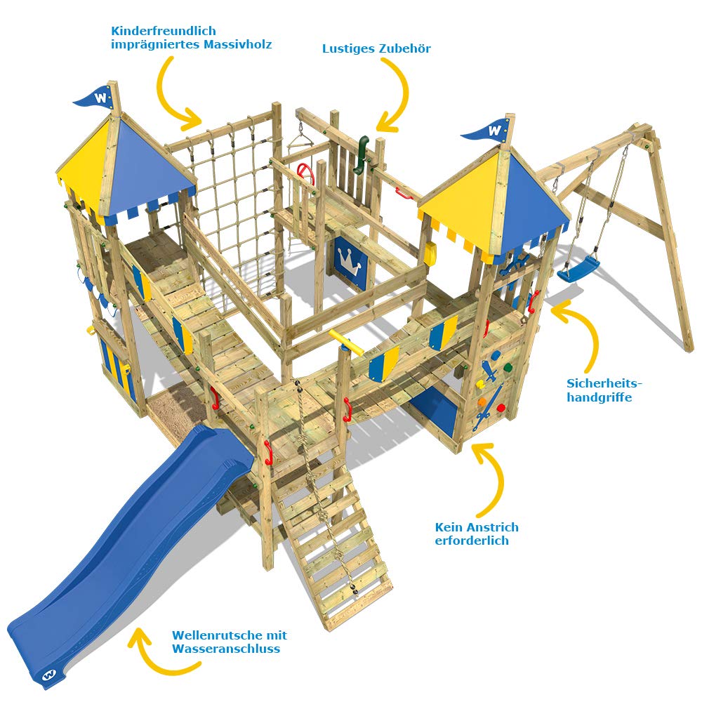 WICKEY Wooden Climbing Frame Smart Queen with Swing Set and Blue Slide