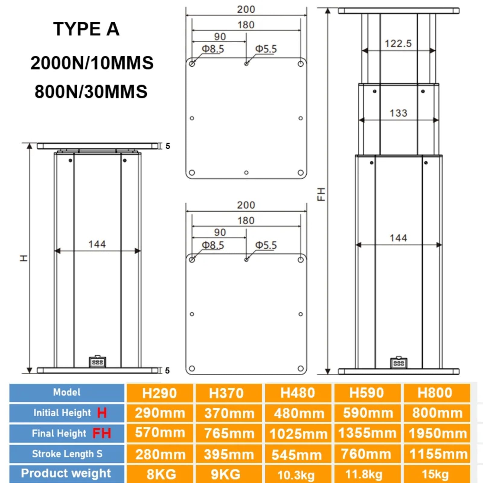 Hebe Säule 200kg Last 10mm/s Hall-Sensor-Steuerung, Hebeplattform Hebe-Träger(80KG Load 30mms; H480-Trip 550mm; 2PCS-1V2)