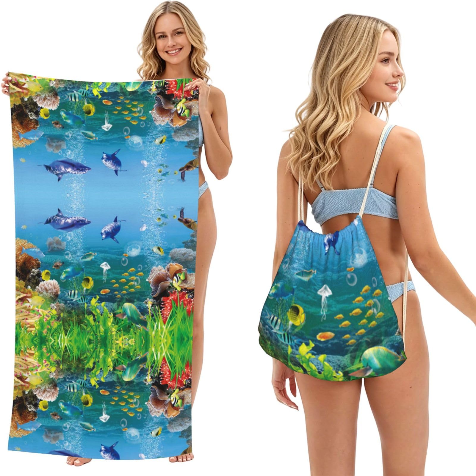 ESNAIUVCD Colored Undersea World Print Beach Towel For Adults,Towel With Drawstring Bag, Travel Pool Swimming Sports Shower Sand Free Quick Dry Bath Towel For Pool, Beach, Yoga- 180x60cm