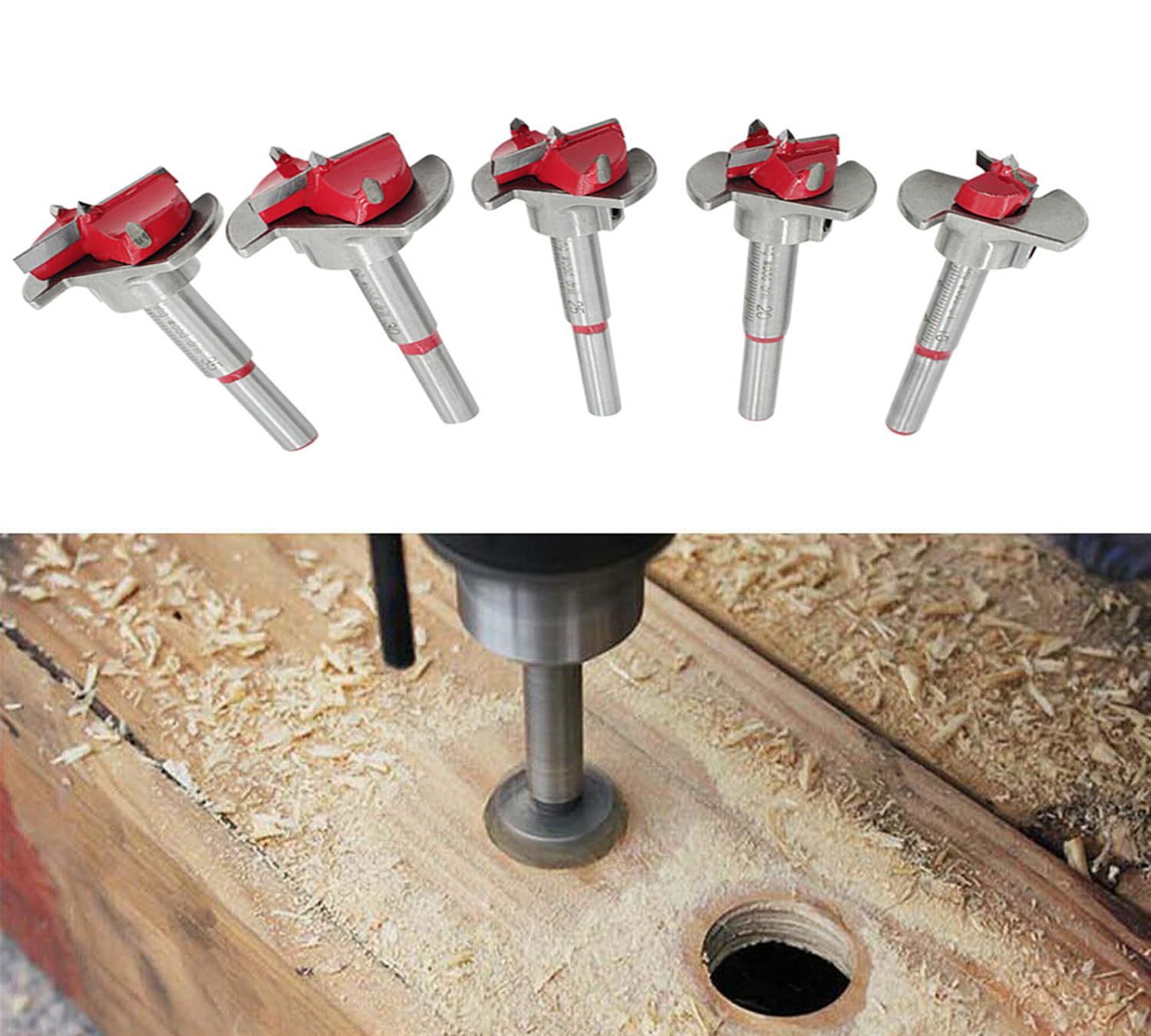 Lot de 5 forets Forstner, 15 mm, 20 mm, 25 mm, 30 mm, 35 mm, en acier au carbone, positionnement ajustable, travail du bois, foret à charnière, foret pour bois tendre et dur