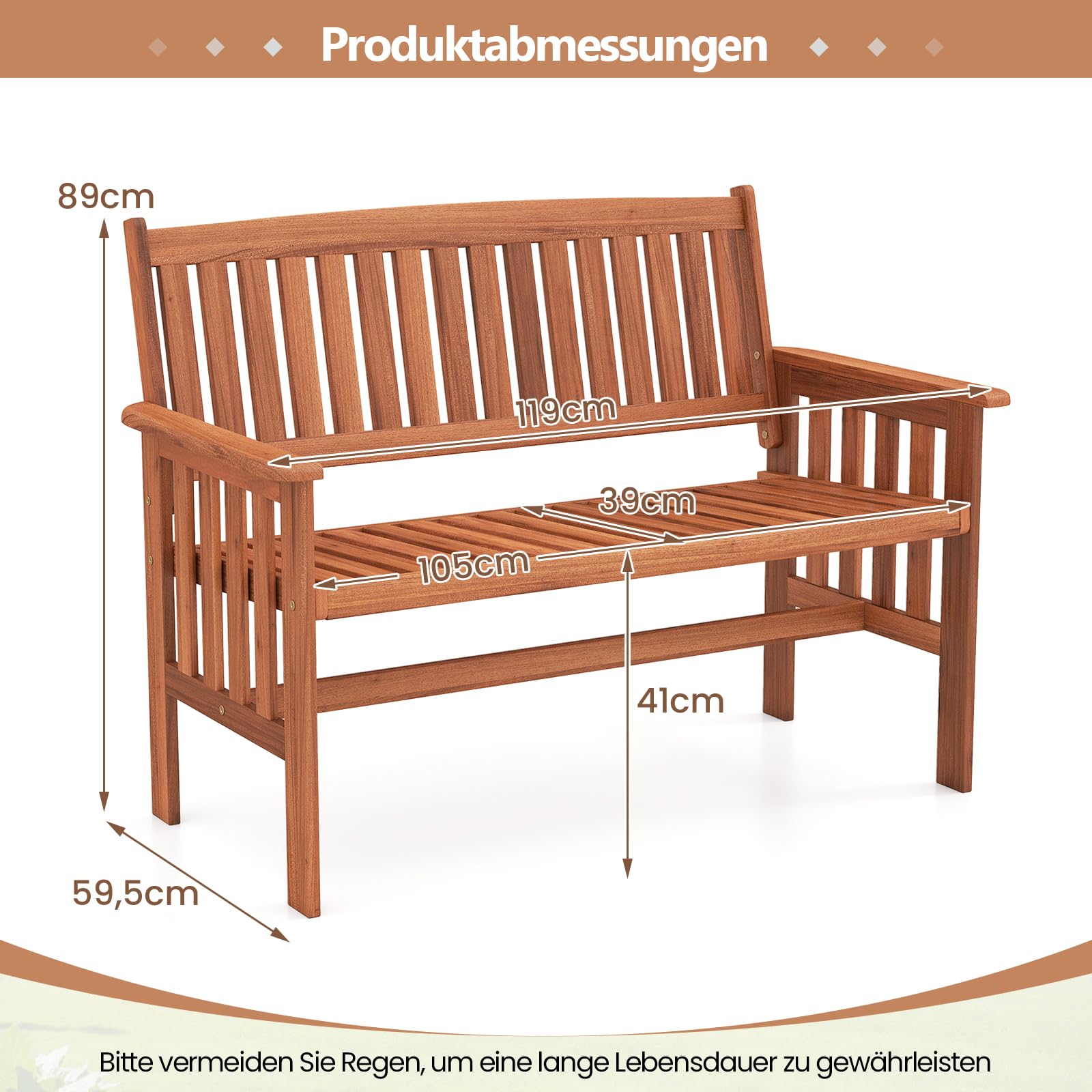 COSTWAY Gartenbank Holz, Holzbank wetterfest, 2-Sitzer Sitzbank, Balkonbank mit Armlehnen, Terrassenbank, Parkbank für Garten, Balkon, Terrasse, 119 x 59,5 x 89 cm