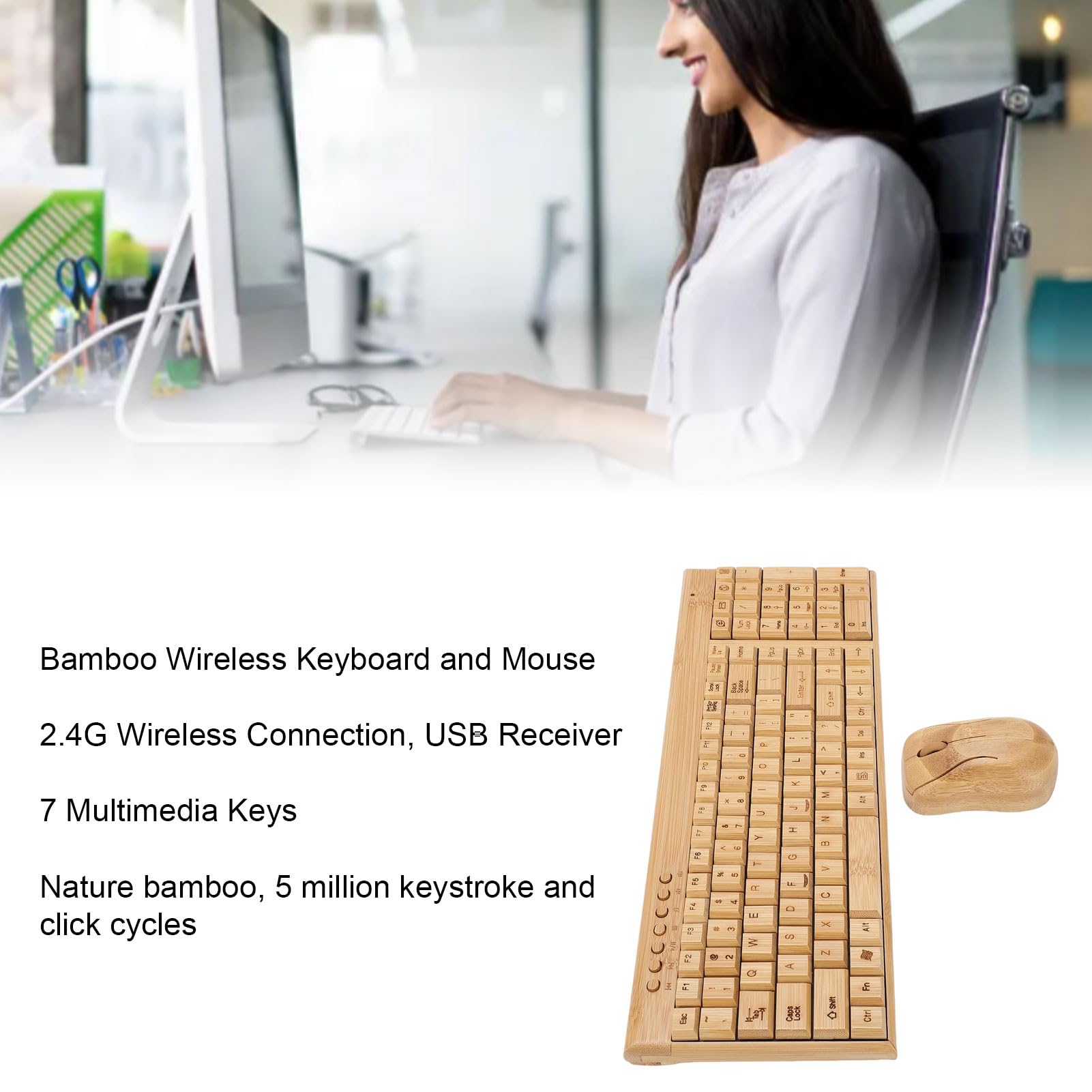 VBESTLIFE Combinación de Teclado y Ratón Inalámbricos, Diseño Artesanal íntegramente en bambú con Conexión de 2,4 GHz, para Escritorio, Portátil y Varios Sistemas Operativos