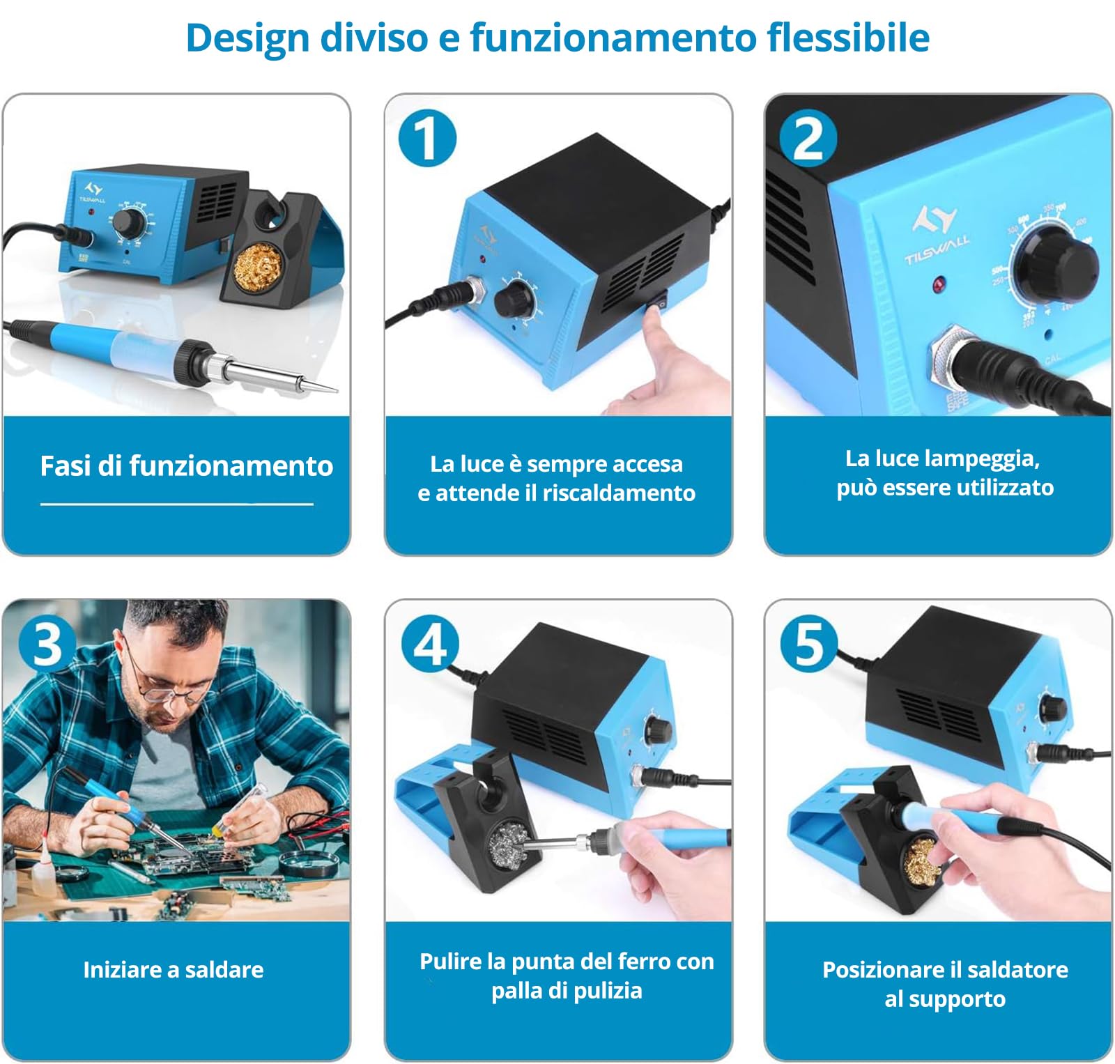 Tilswall Stazione Saldante 65W, Saldatore a Stagno Professionale con Controllo Intelligente della temperatura 200℃-480℃, Kit Saldatura Stagno con 5 Punte per Elettronica per Hobby, Principianti