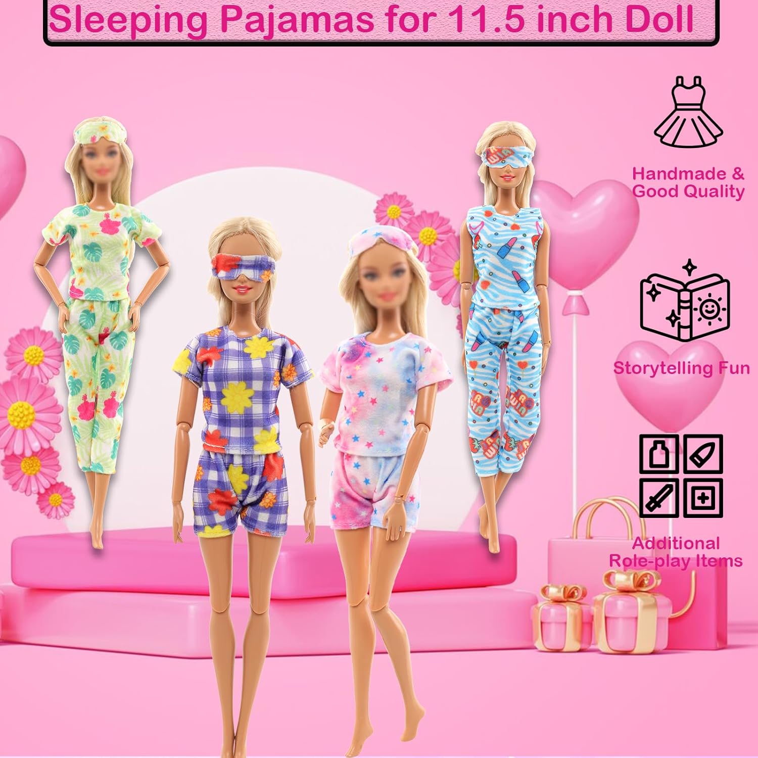 15 Pcs Doll Clothes and Accessories Set - Bathing Suit Collection with 4 Pajamas 1 Bathrobe 1 Bath Towel 2 Headscarves 4 Eye Masks , 3 Slippers for 11.5 inch Girl Doll(Fits Most 12" Fashion Dolls)