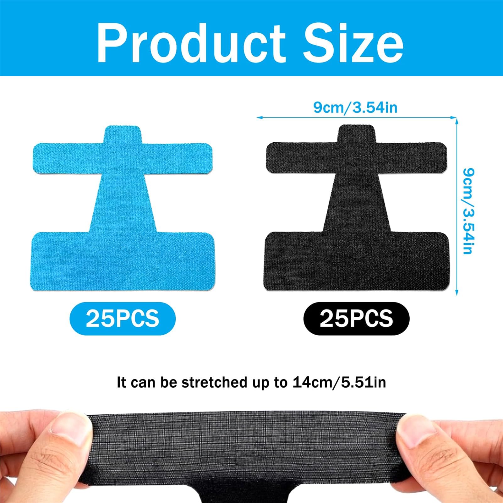 50 Piezas Cinta Kinesiológica para Hallux Valgus, Precortadas Vendaje Precortado para Hallux Valgus, para Dedos y Pies Mujeres y Hombres, Suave, Transpirable y Delicada (Negro y Azul)