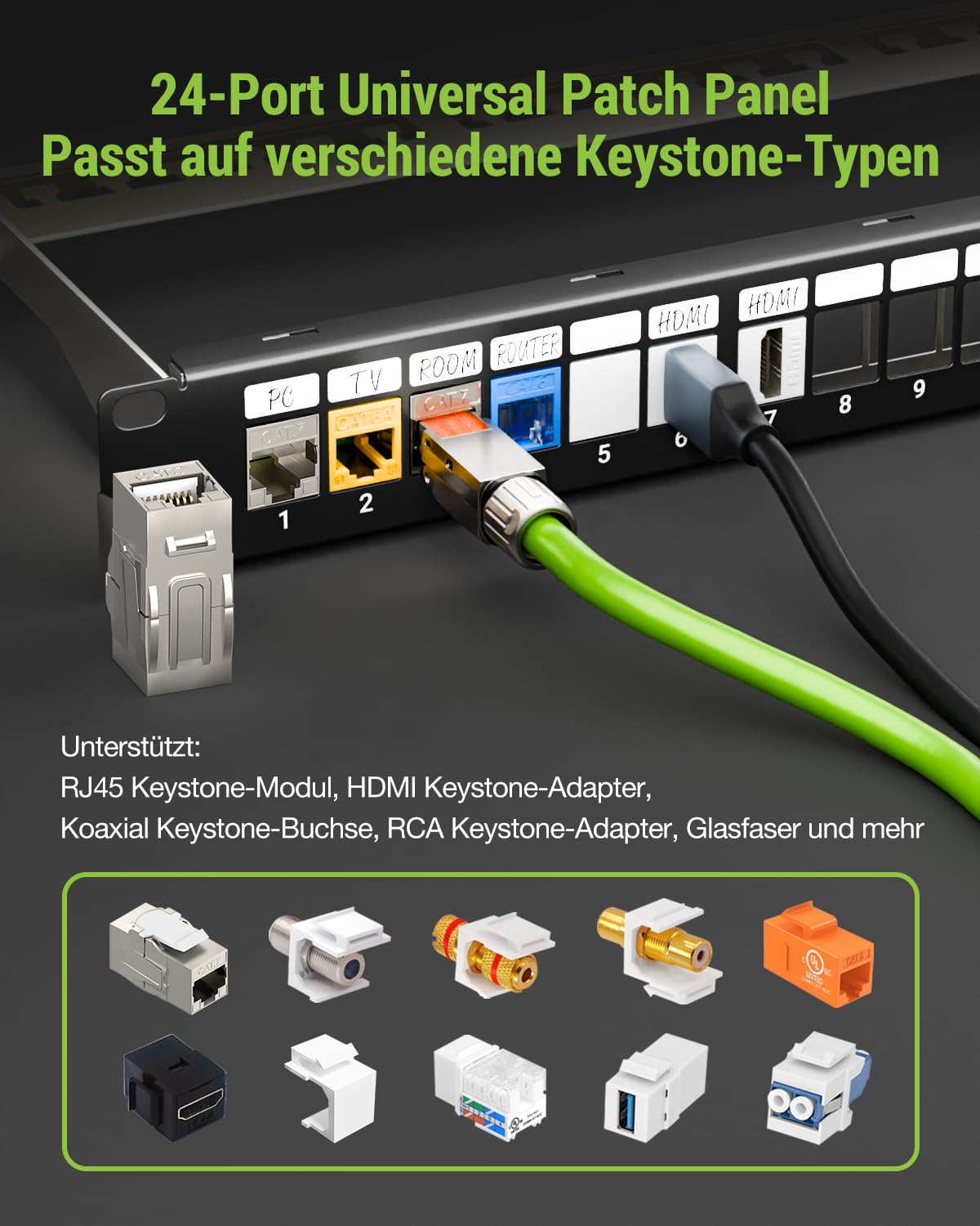 24 Port CAT7 Patchpanel mit 24 x Vergoldet Cat7 keystone rj45 kupplung, 10 Gbit/s 600MHz, Geschirmtes Keystone Patchpanel, 19 Zoll patchpanel mit EMI/RFI-Schutz und Kabelmanagement-Kit
