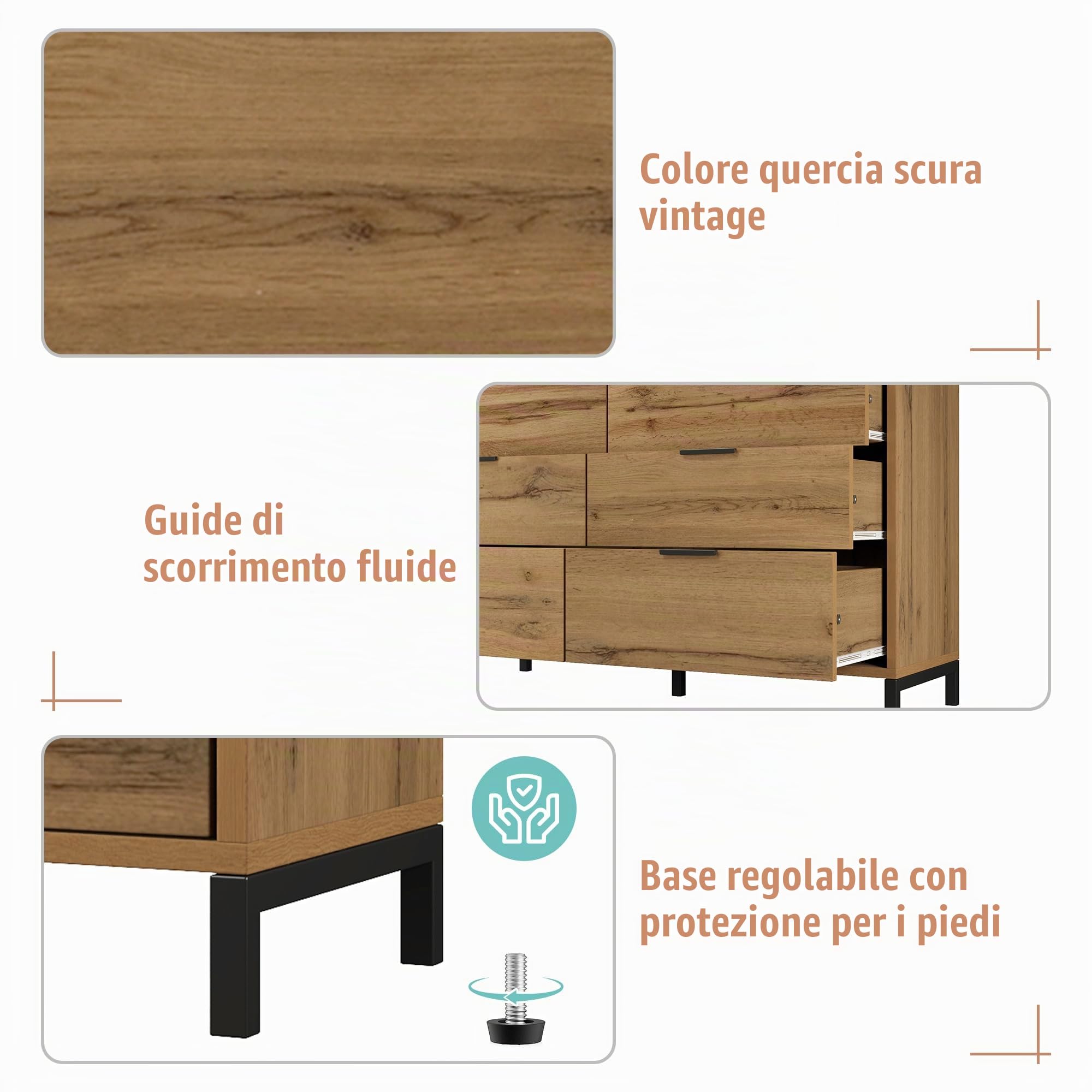 Cassettiera, credenza con 6 cassetti, 120 x 40 x 76 cm, in rovere scuro, per camera da letto, tutti gli spazi abitativi
