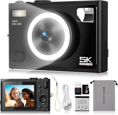 Miniatura 8 de Cámara digital 5K – Cámara de belleza de 64MP con enfoque automático, luz de anillo de 360°, reconocimiento inteligente de piel, tarjeta SD de 32GB