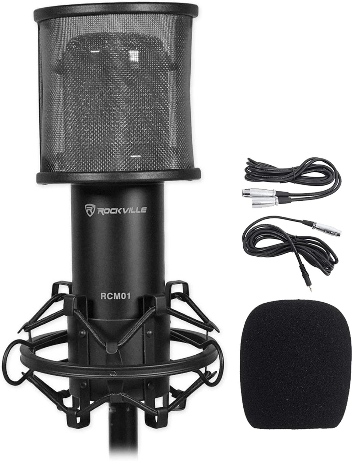 (1) Rockville RCM01 Pro Studio Recording Condenser Microphone Mic+Metal Shock Mount Bundle with (1) Rockville RockPop Curve Recording Mic Pop Filter Curved Mesh Windscreen in Black (2 Items)
