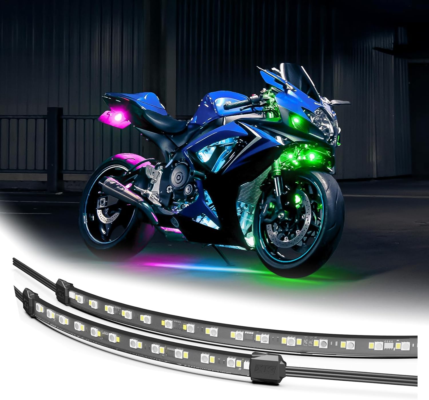 XKmax LED Motorcycle Underglow Light Kit w/RGBW Color Chasing | App-Controlled (Advanced Engine + Underglow + Accent Kit)